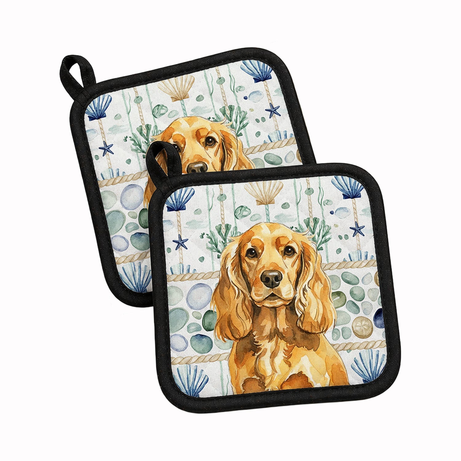 Golden English Cocker Spaniel Coastal Sea Glass Pot Holder Set of 2 Heat Resistant Quilted Hot Pads 7.5 x 7.5 Inch, Insulated Kitchen Trivets for Cooking & Baking
