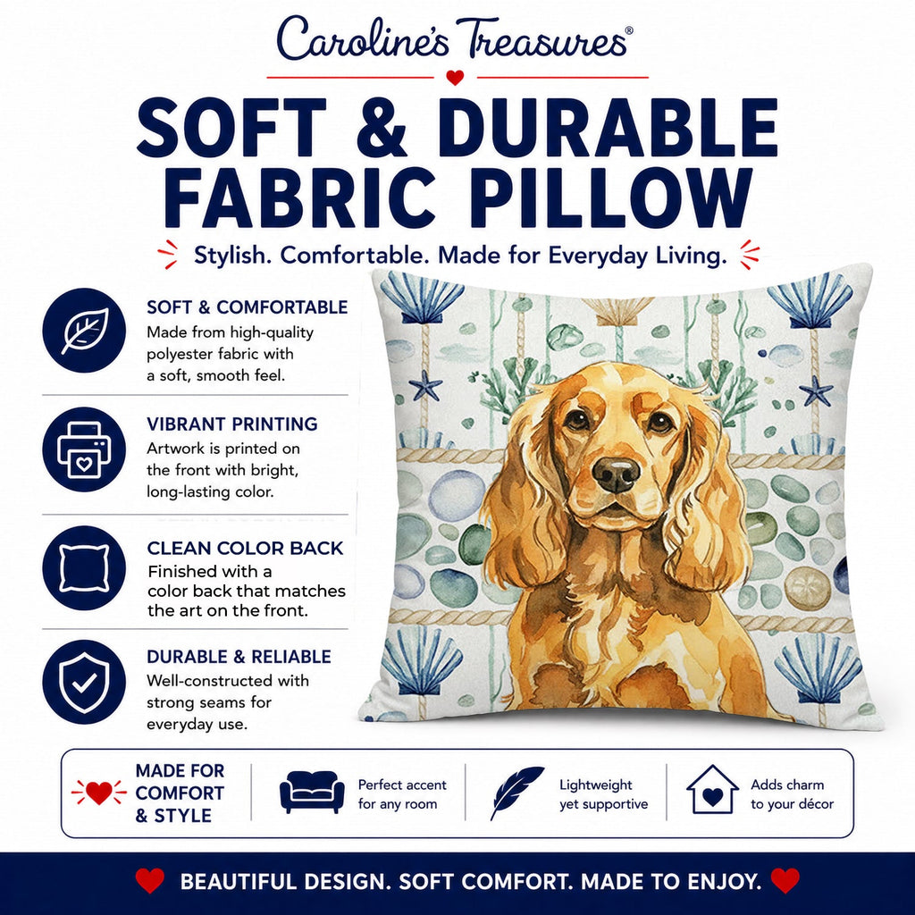Golden English Cocker Spaniel Coastal Sea Glass Decorative Throw Pillow 14x14 Indoor Outdoor Accent Cushion, Fabric Cover with Insert for Sofa, Bed, Porch & Living Room
