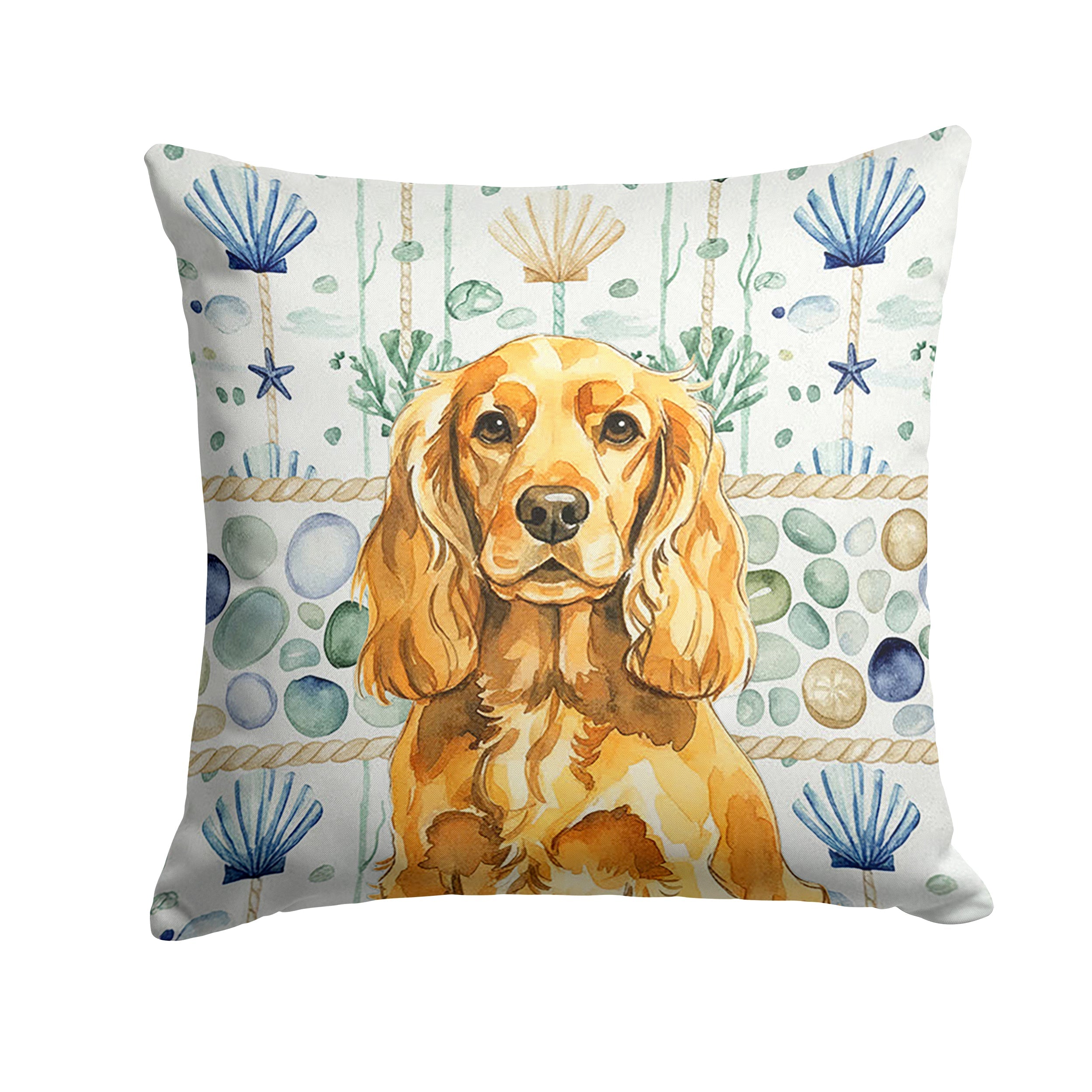 Golden English Cocker Spaniel Coastal Sea Glass Decorative Throw Pillow 18x18 Indoor Outdoor Accent Cushion, Fabric Cover with Insert for Sofa, Bed, Porch & Living Room