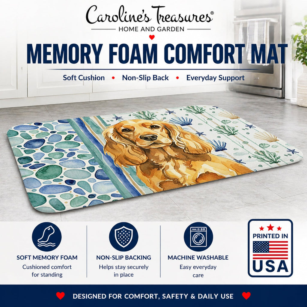 Golden English Cocker Spaniel Coastal Sea Glass Memory Foam Kitchen Mat Machine Washable Anti-Fatigue Cushion Comfort Bath or Kitchen Rug