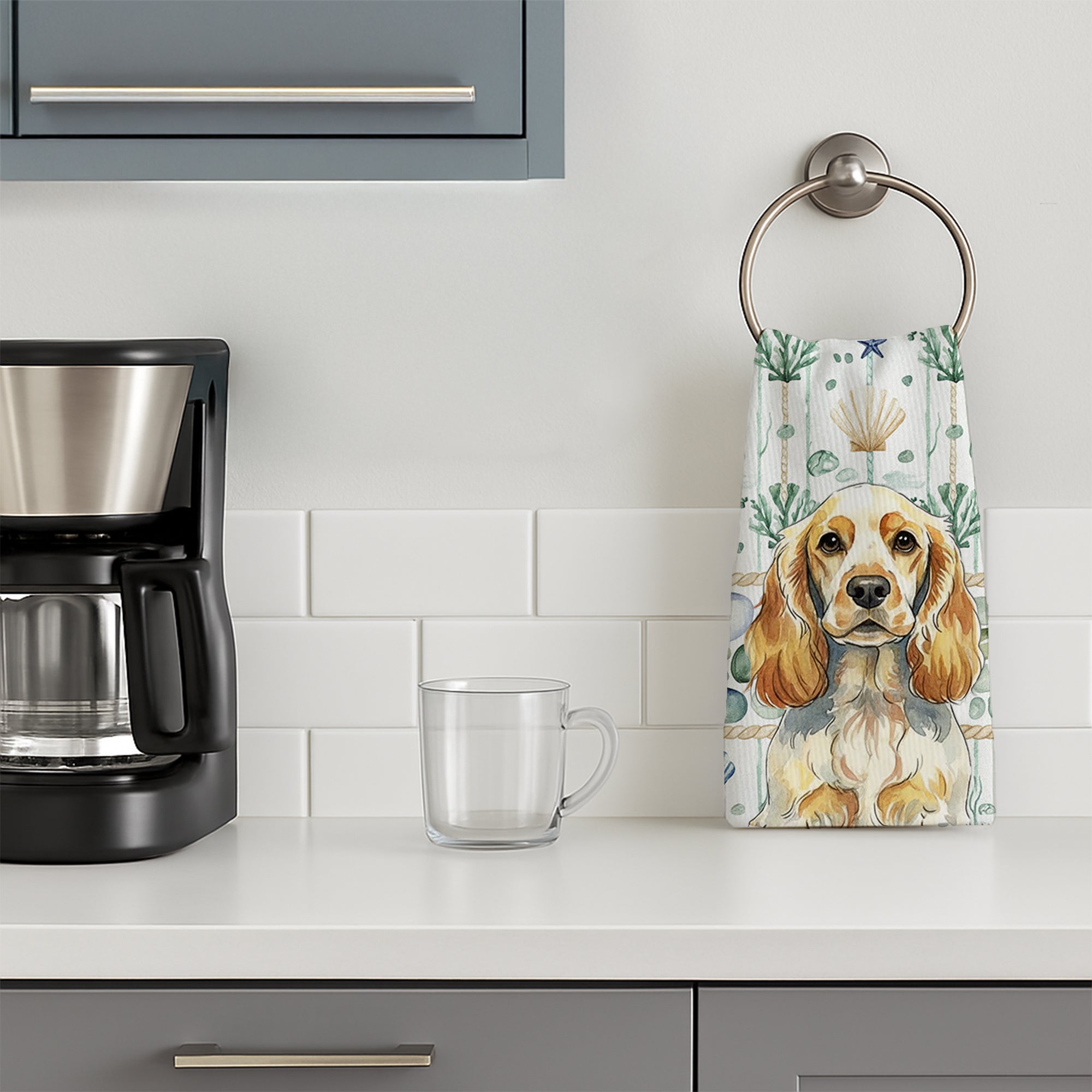 Lemon Roan English Cocker Spaniel Coastal Sea Glass Kitchen Towel Velour Plush Front and Cotton Loop Back Machine Washable
