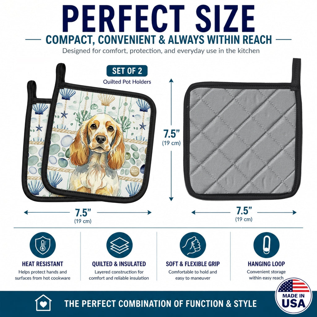 Lemon Roan English Cocker Spaniel Coastal Sea Glass Pot Holder Set of 2 Heat Resistant Quilted Hot Pads 7.5 x 7.5 Inch, Insulated Kitchen Trivets for Cooking & Baking