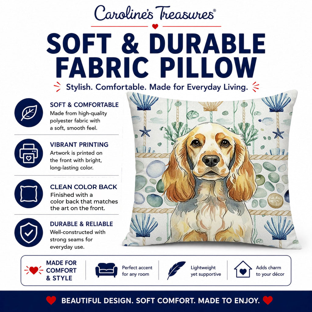 Lemon Roan English Cocker Spaniel Coastal Sea Glass Decorative Throw Pillow 14x14 Indoor Outdoor Accent Cushion, Fabric Cover with Insert for Sofa, Bed, Porch & Living Room