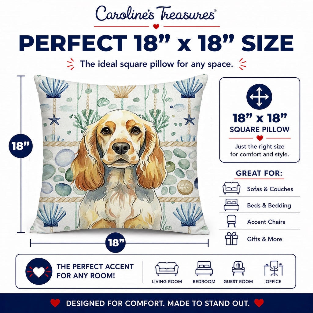 Lemon Roan English Cocker Spaniel Coastal Sea Glass Decorative Throw Pillow 18x18 Indoor Outdoor Accent Cushion, Fabric Cover with Insert for Sofa, Bed, Porch & Living Room