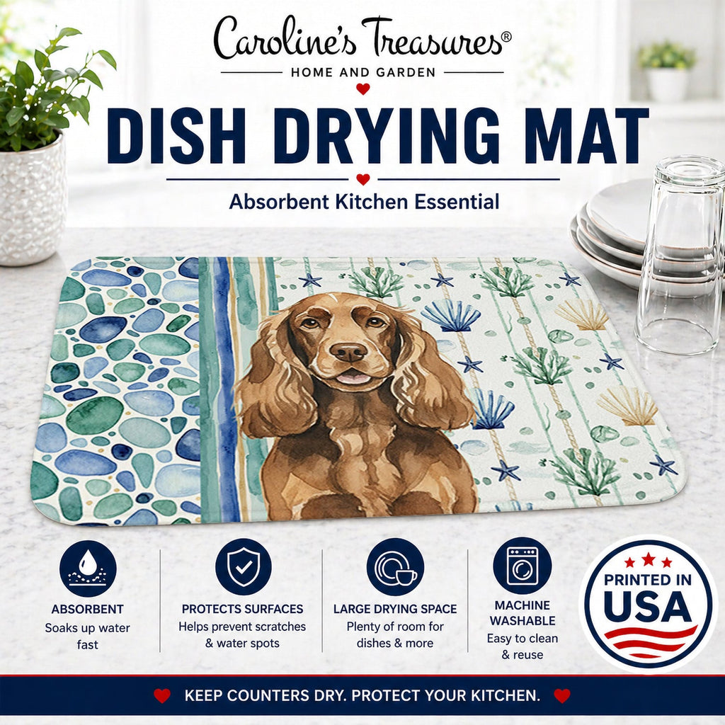 Liver English Cocker Spaniel Coastal Sea Glass Dish Drying Mat Absorbent Dish Drying Mat Pad for Kitchen Counter Dish Drainer Mat for Countertop, 14 x 21", Multicolor