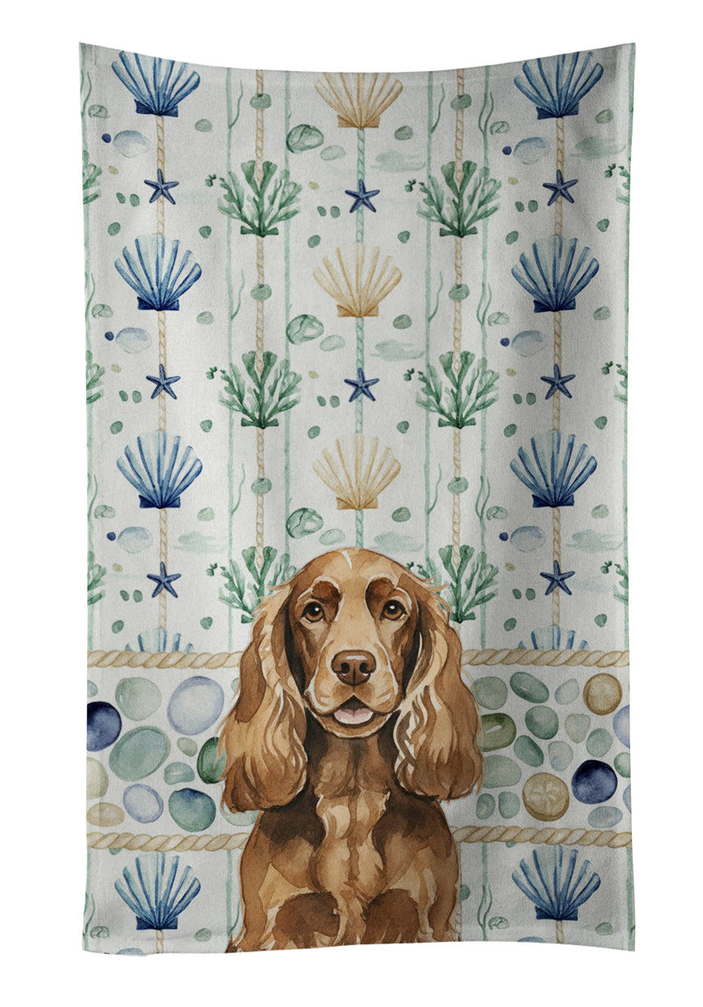 Liver English Cocker Spaniel Coastal Sea Glass Kitchen Towel Velour Plush Front and Cotton Loop Back Machine Washable