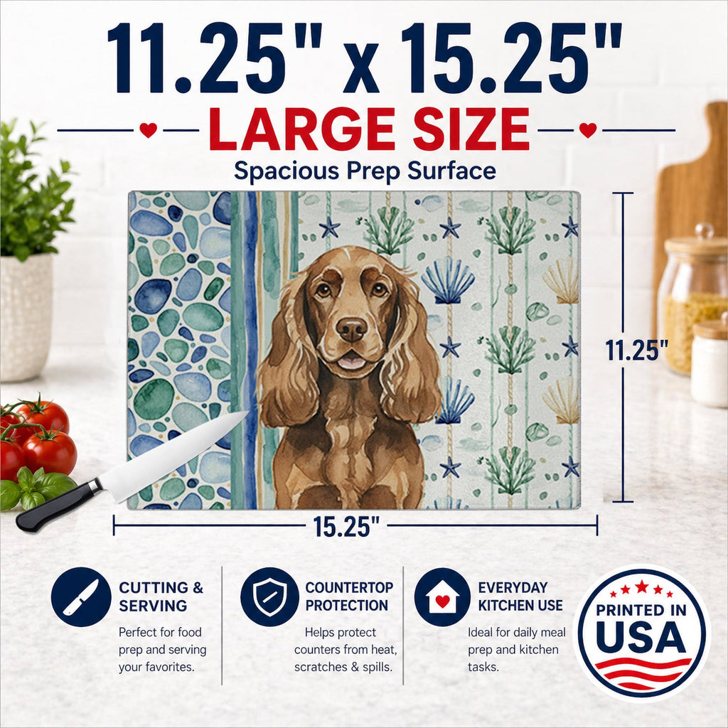 Liver English Cocker Spaniel Coastal Sea Glass Cutting Board Tempered Glass Kitchen Cutting Surface, Heat Resistant Chopping, Non-Slip Feet, Food Prep & Serving