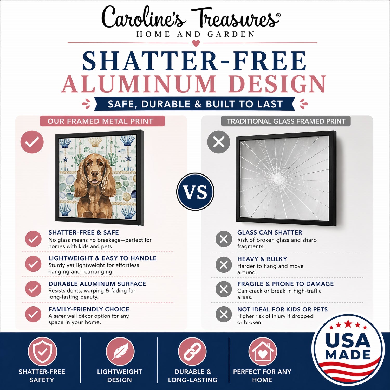 Liver English Cocker Spaniel Coastal Sea Glass Framed Metal Print Bathroom, Kitchen, Office, Home Decor Wall Art Ready to Hang, Square, 8X8