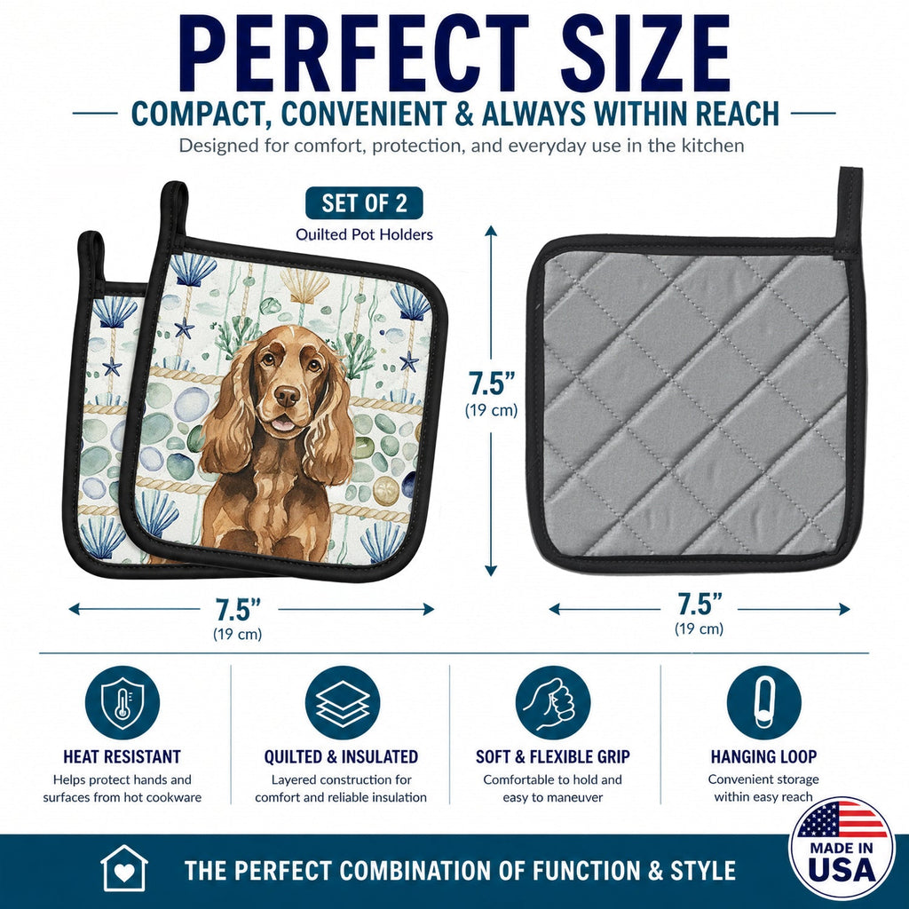 Liver English Cocker Spaniel Coastal Sea Glass Pot Holder Set of 2 Heat Resistant Quilted Hot Pads 7.5 x 7.5 Inch, Insulated Kitchen Trivets for Cooking & Baking