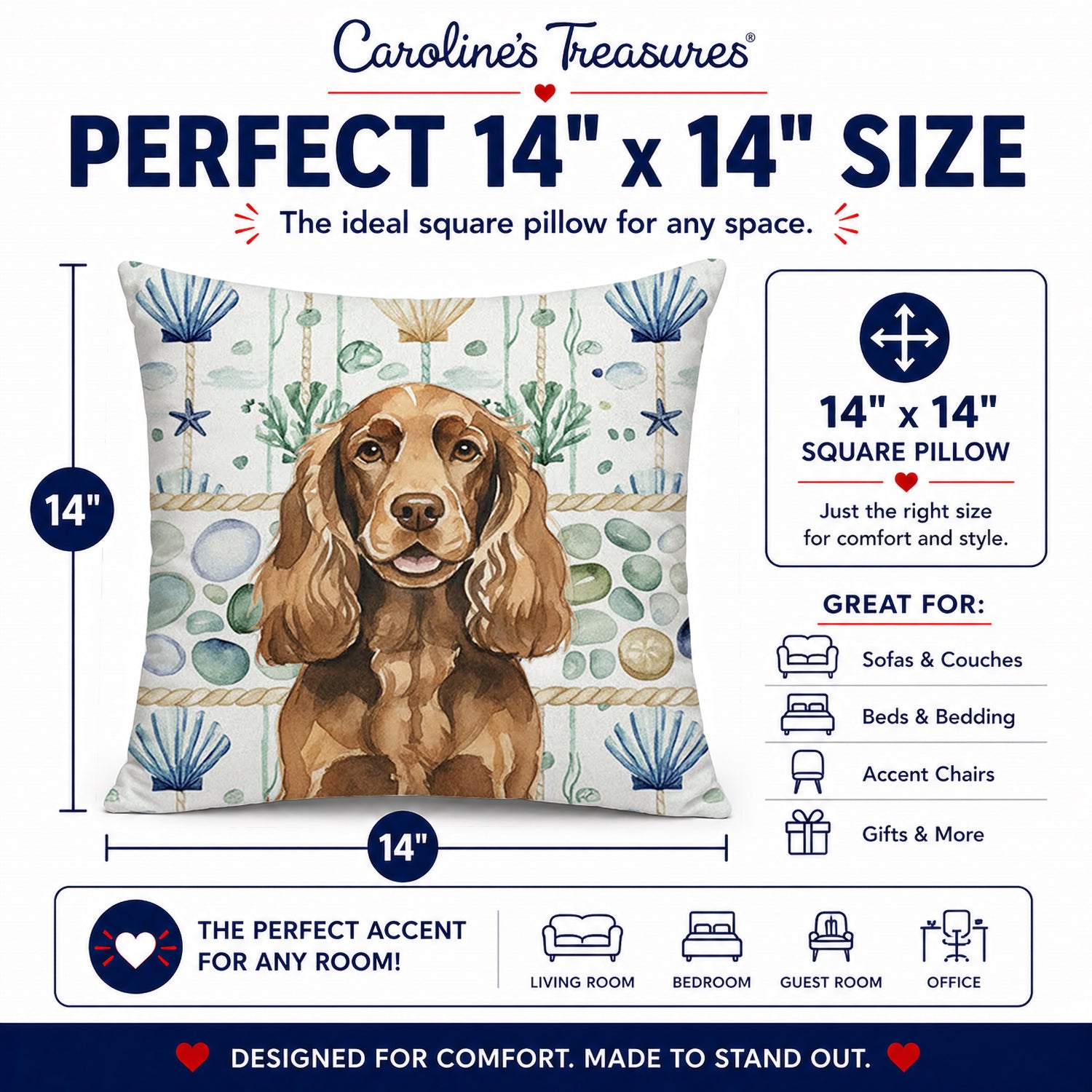 Liver English Cocker Spaniel Coastal Sea Glass Decorative Throw Pillow 14x14 Indoor Outdoor Accent Cushion, Fabric Cover with Insert for Sofa, Bed, Porch & Living Room
