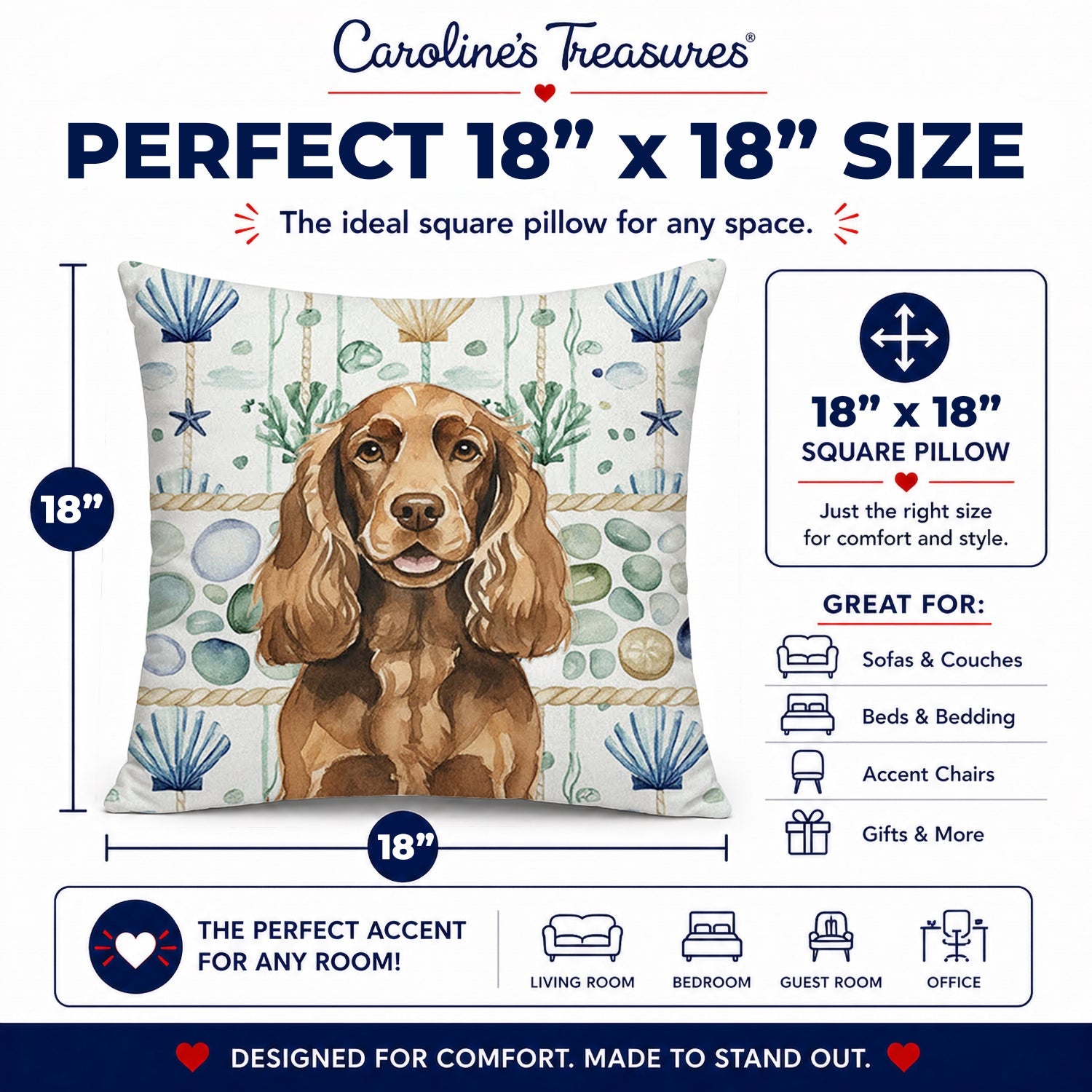 Liver English Cocker Spaniel Coastal Sea Glass Decorative Throw Pillow 18x18 Indoor Outdoor Accent Cushion, Fabric Cover with Insert for Sofa, Bed, Porch & Living Room