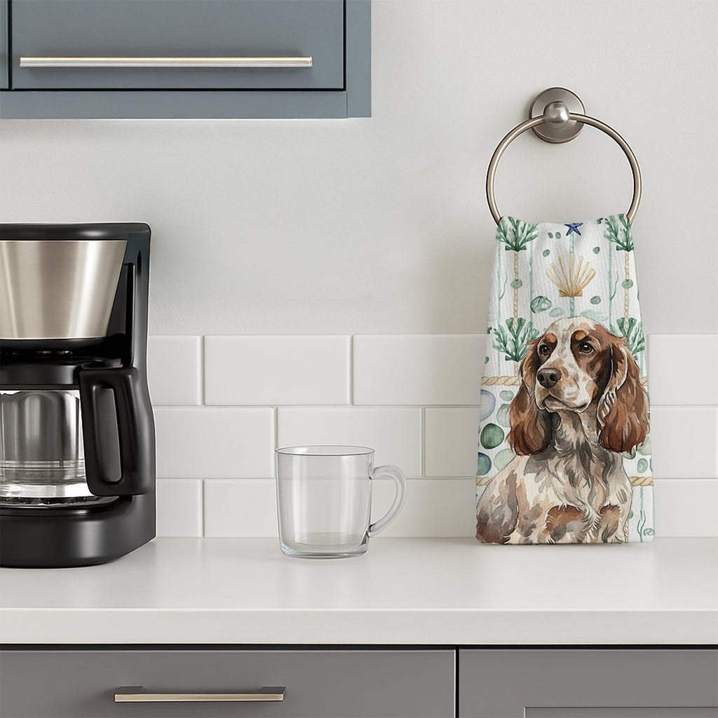 Liver Roan English Cocker Spaniel Coastal Sea Glass Kitchen Towel Velour Plush Front and Cotton Loop Back Machine Washable