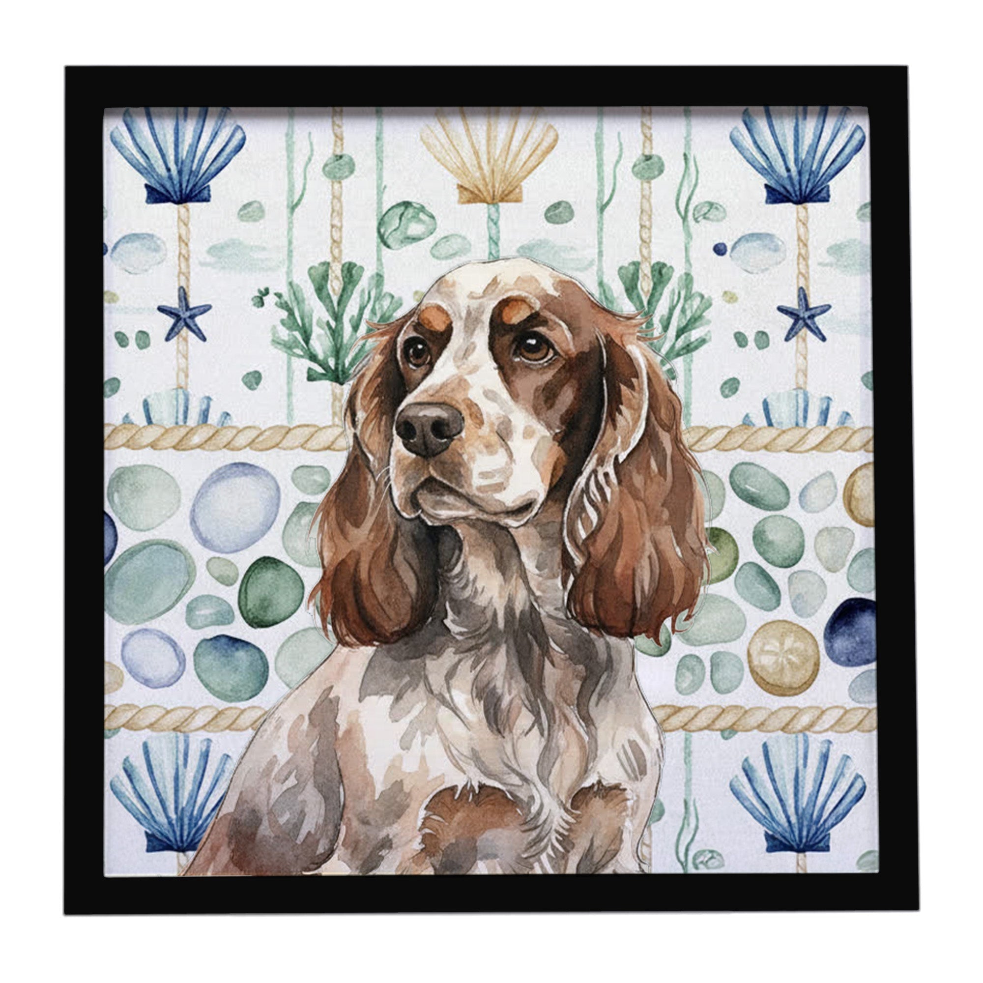 Liver Roan English Cocker Spaniel Coastal Sea Glass Framed Metal Print Bathroom, Kitchen, Office, Home Decor Wall Art Ready to Hang, Square, 8X8