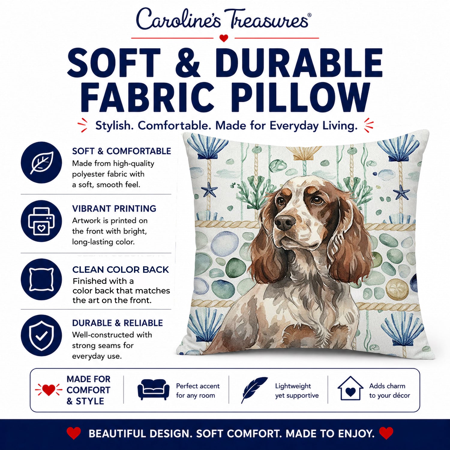 Liver Roan English Cocker Spaniel Coastal Sea Glass Decorative Throw Pillow 14x14 Indoor Outdoor Accent Cushion, Fabric Cover with Insert for Sofa, Bed, Porch & Living Room