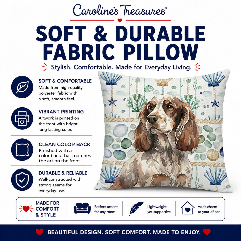 Liver Roan English Cocker Spaniel Coastal Sea Glass Decorative Throw Pillow 18x18 Indoor Outdoor Accent Cushion, Fabric Cover with Insert for Sofa, Bed, Porch & Living Room
