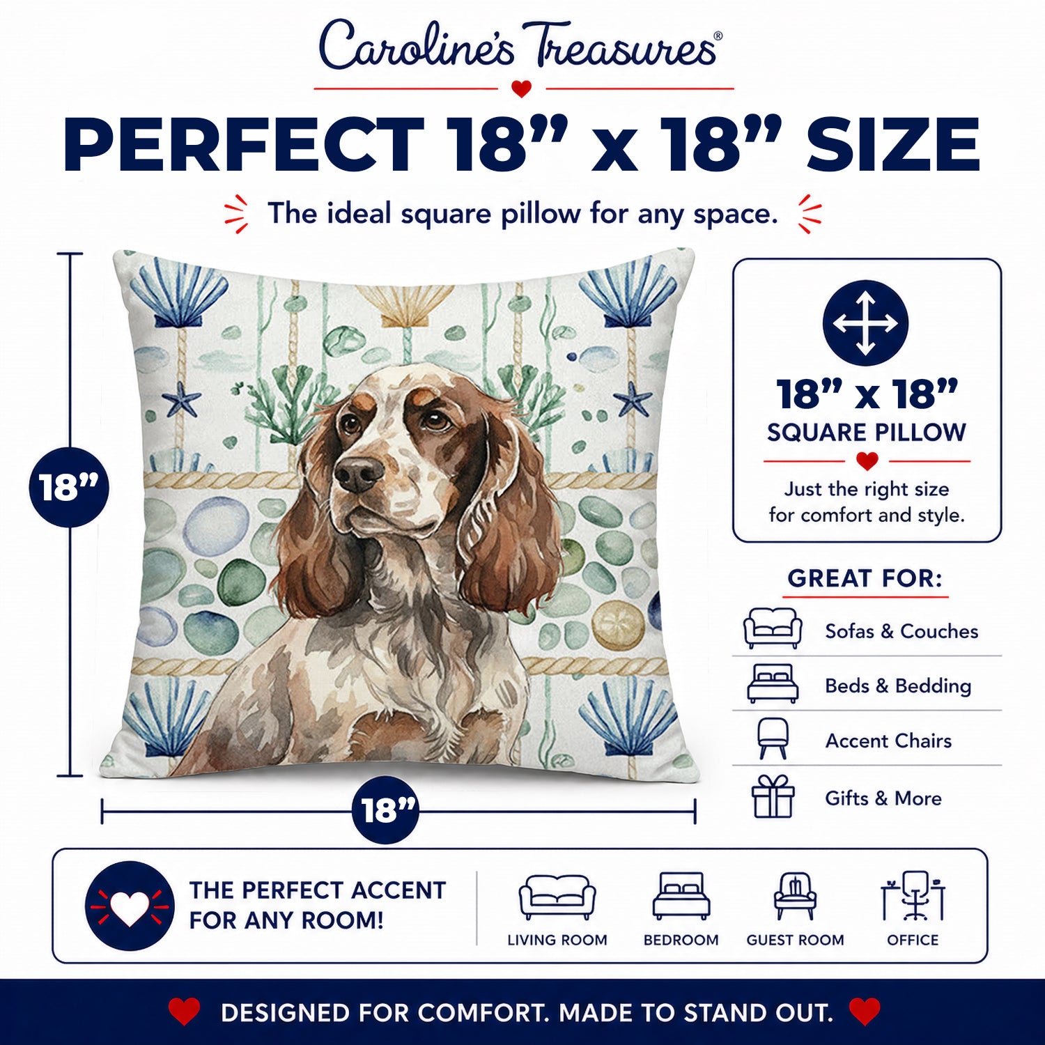 Liver Roan English Cocker Spaniel Coastal Sea Glass Decorative Throw Pillow 18x18 Indoor Outdoor Accent Cushion, Fabric Cover with Insert for Sofa, Bed, Porch & Living Room