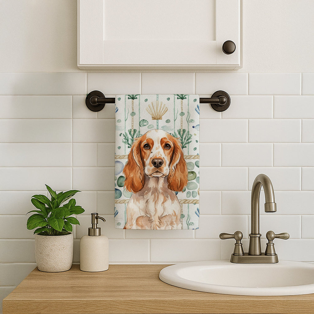 Orange Roan English Cocker Spaniel Coastal Sea Glass Kitchen Towel Velour Plush Front and Cotton Loop Back Machine Washable