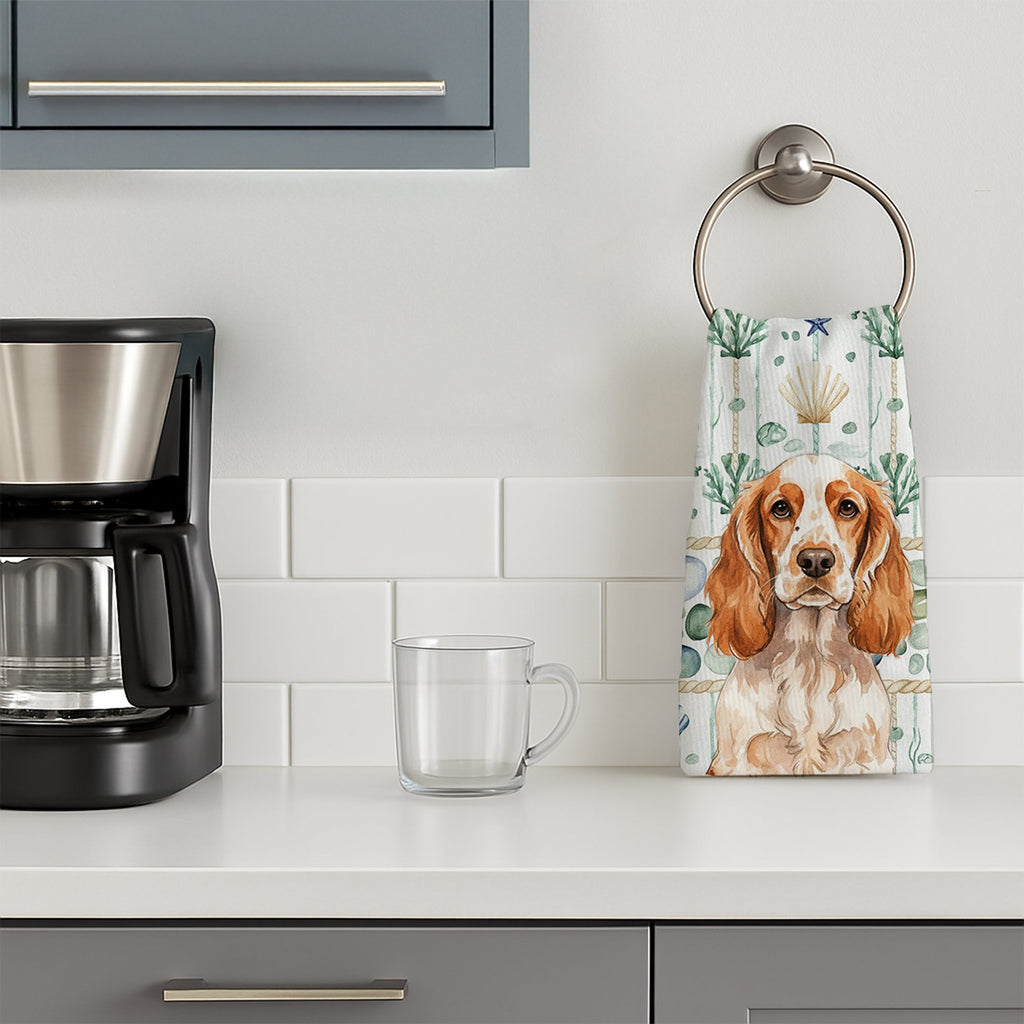 Orange Roan English Cocker Spaniel Coastal Sea Glass Kitchen Towel Velour Plush Front and Cotton Loop Back Machine Washable
