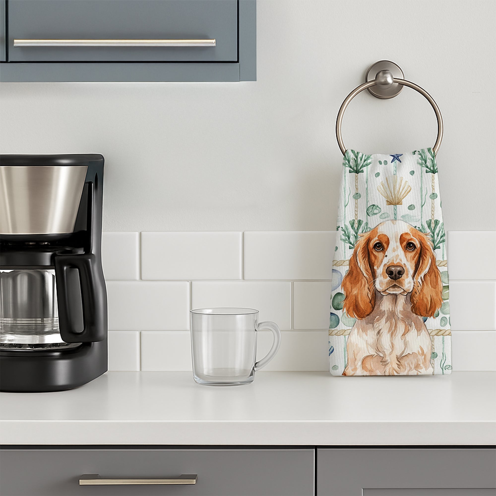 Orange Roan English Cocker Spaniel Coastal Sea Glass Kitchen Towel Velour Plush Front and Cotton Loop Back Machine Washable