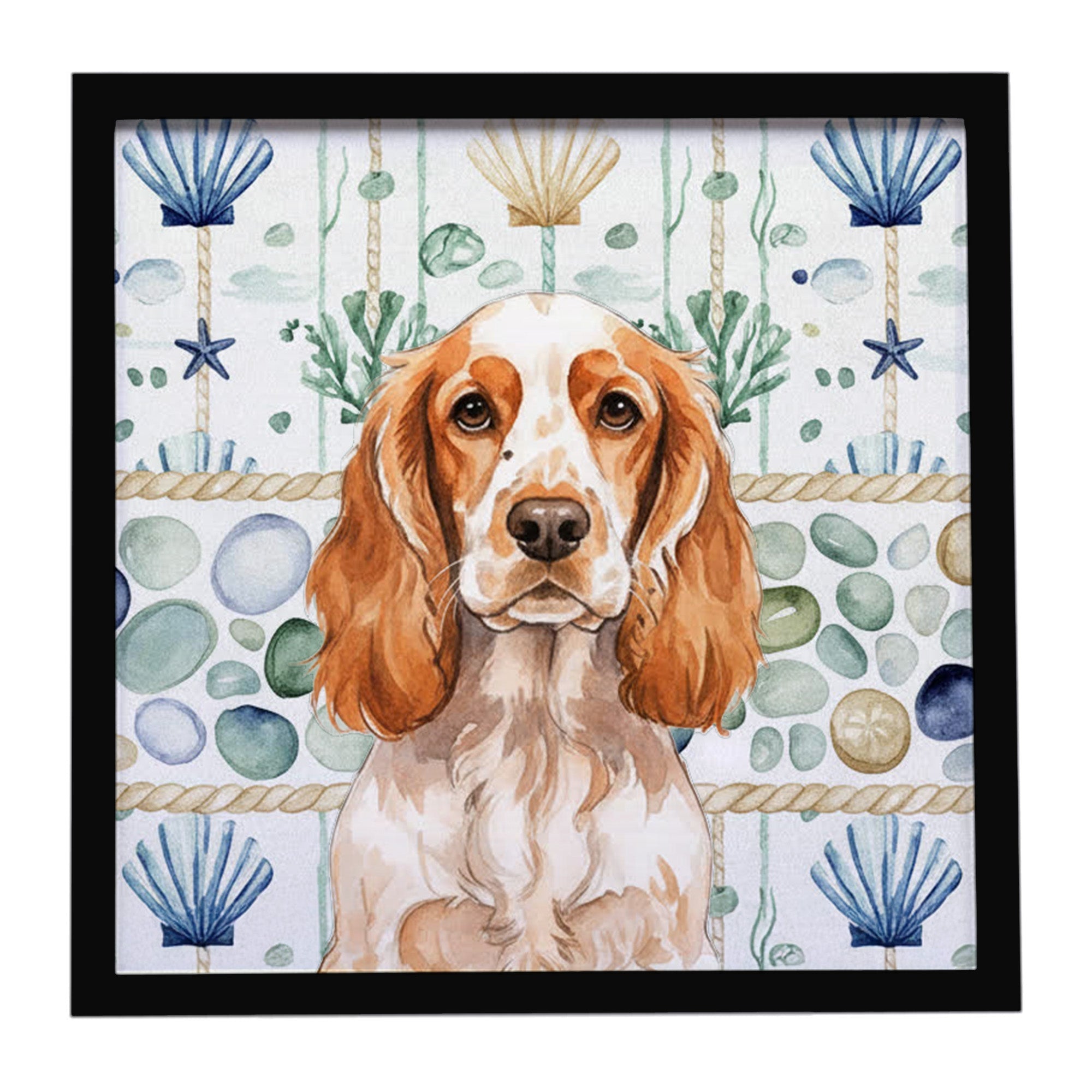 Orange Roan English Cocker Spaniel Coastal Sea Glass Framed Metal Print Bathroom, Kitchen, Office, Home Decor Wall Art Ready to Hang, Square, 8X8