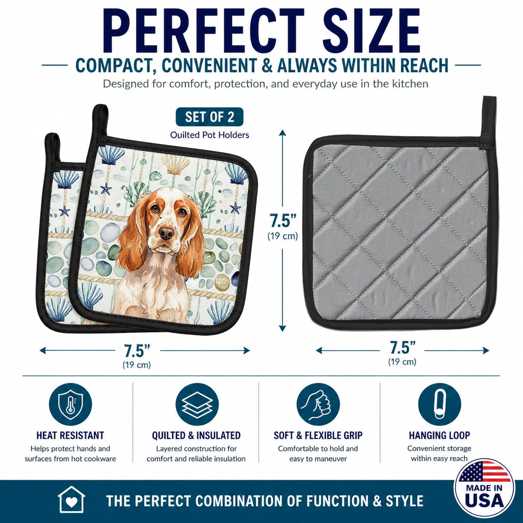 Orange Roan English Cocker Spaniel Coastal Sea Glass Pot Holder Set of 2 Heat Resistant Quilted Hot Pads 7.5 x 7.5 Inch, Insulated Kitchen Trivets for Cooking & Baking