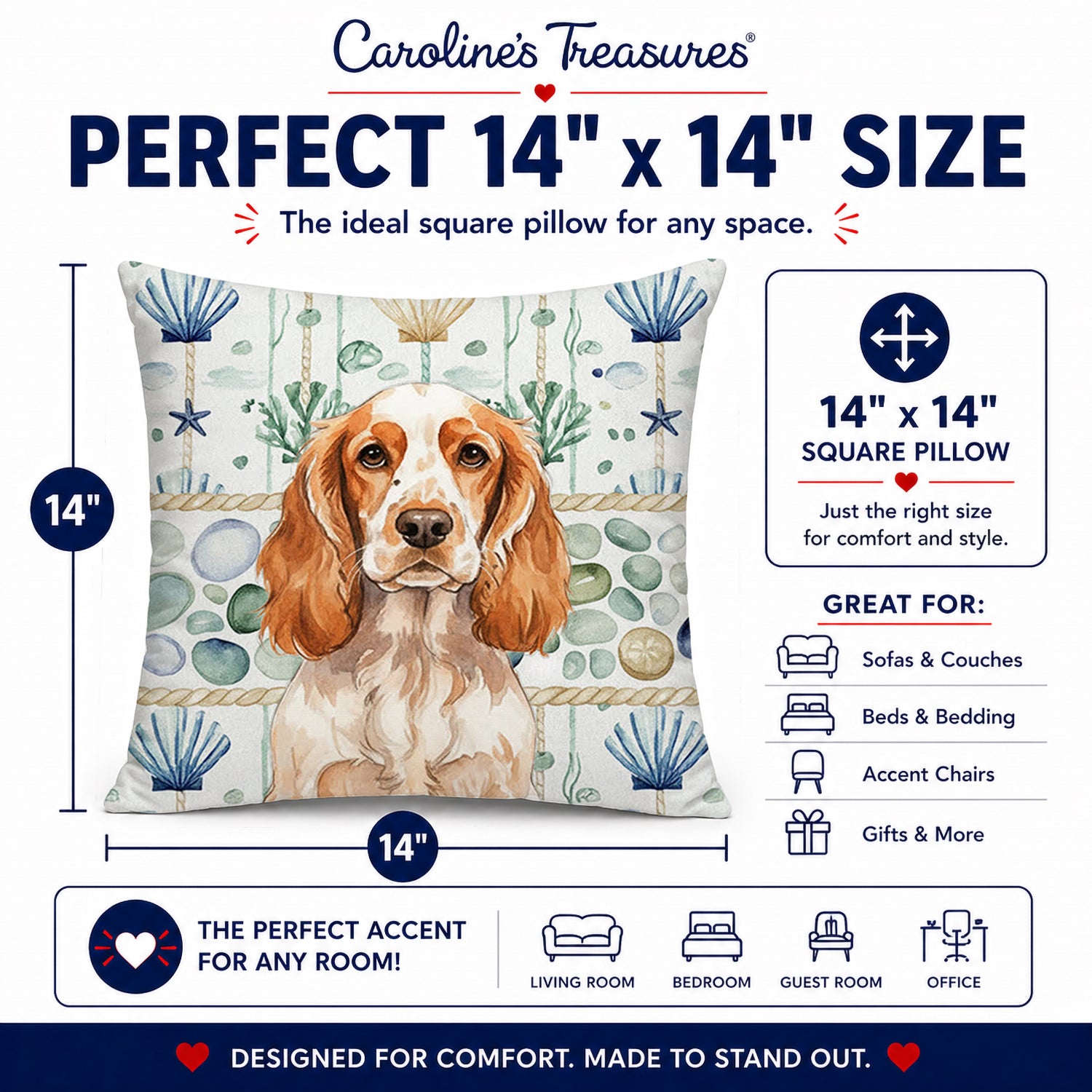 Orange Roan English Cocker Spaniel Coastal Sea Glass Decorative Throw Pillow 14x14 Indoor Outdoor Accent Cushion, Fabric Cover with Insert for Sofa, Bed, Porch & Living Room