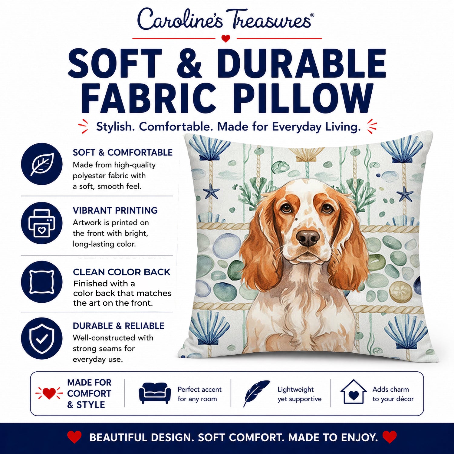 Orange Roan English Cocker Spaniel Coastal Sea Glass Decorative Throw Pillow 18x18 Indoor Outdoor Accent Cushion, Fabric Cover with Insert for Sofa, Bed, Porch & Living Room