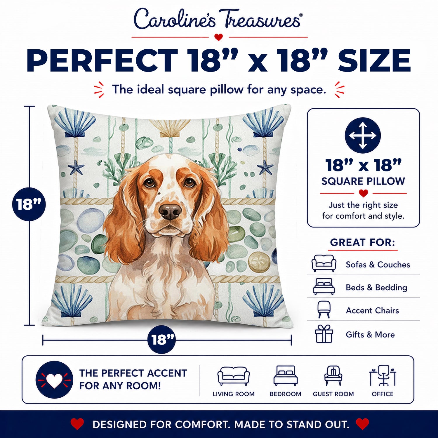 Orange Roan English Cocker Spaniel Coastal Sea Glass Decorative Throw Pillow 18x18 Indoor Outdoor Accent Cushion, Fabric Cover with Insert for Sofa, Bed, Porch & Living Room