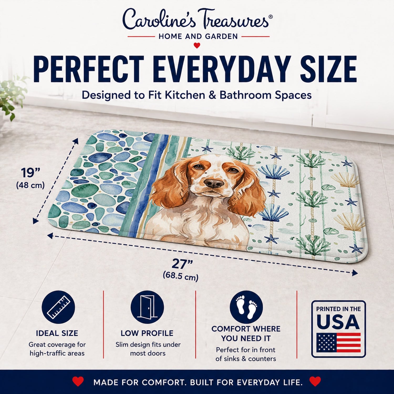 Orange Roan English Cocker Spaniel Coastal Sea Glass Memory Foam Kitchen Mat Machine Washable Anti-Fatigue Cushion Comfort Bath or Kitchen Rug