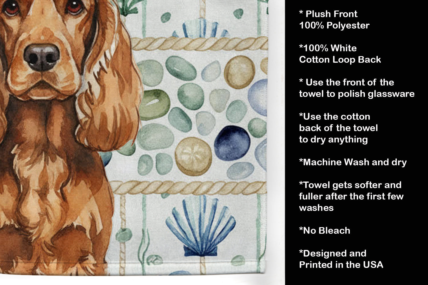 Red English Cocker Spaniel Coastal Sea Glass Kitchen Towel Velour Plush Front and Cotton Loop Back Machine Washable