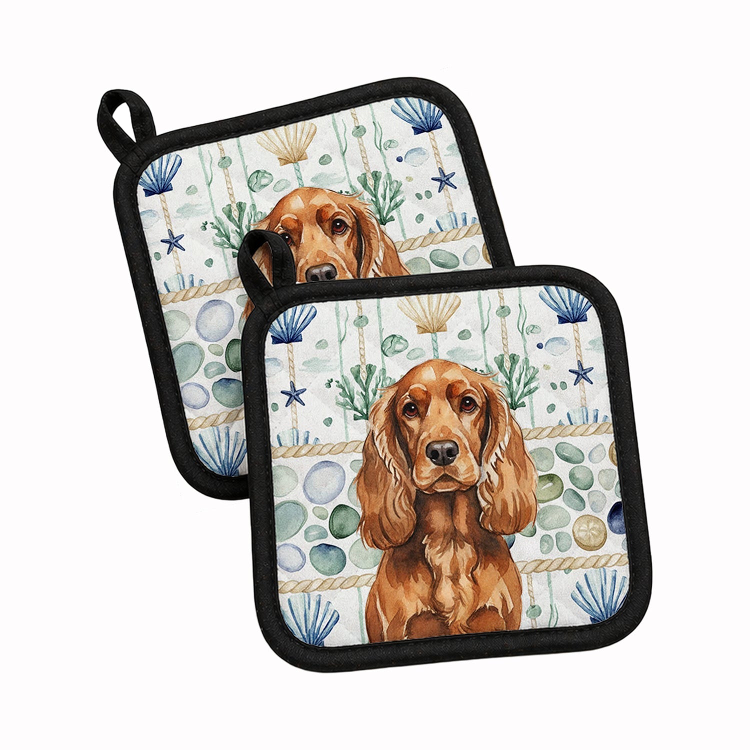 Red English Cocker Spaniel Coastal Sea Glass Pot Holder Set of 2 Heat Resistant Quilted Hot Pads 7.5 x 7.5 Inch, Insulated Kitchen Trivets for Cooking & Baking