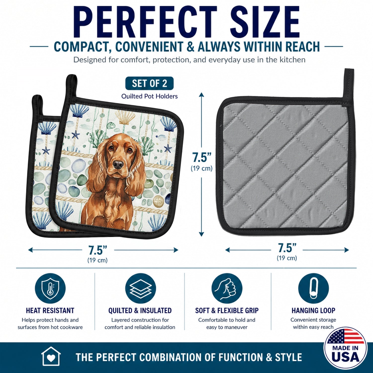 Red English Cocker Spaniel Coastal Sea Glass Pot Holder Set of 2 Heat Resistant Quilted Hot Pads 7.5 x 7.5 Inch, Insulated Kitchen Trivets for Cooking & Baking