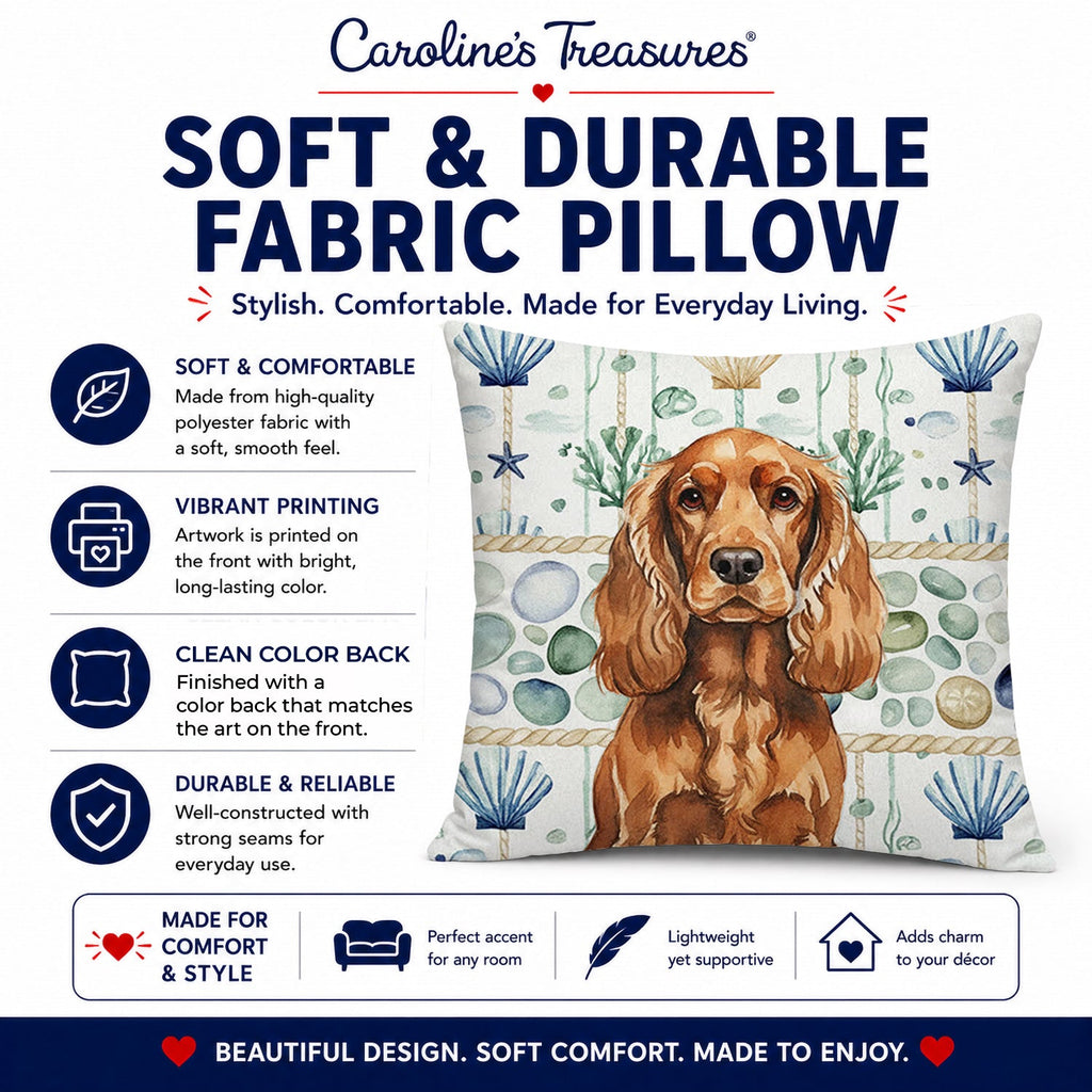 Red English Cocker Spaniel Coastal Sea Glass Decorative Throw Pillow 14x14 Indoor Outdoor Accent Cushion, Fabric Cover with Insert for Sofa, Bed, Porch & Living Room