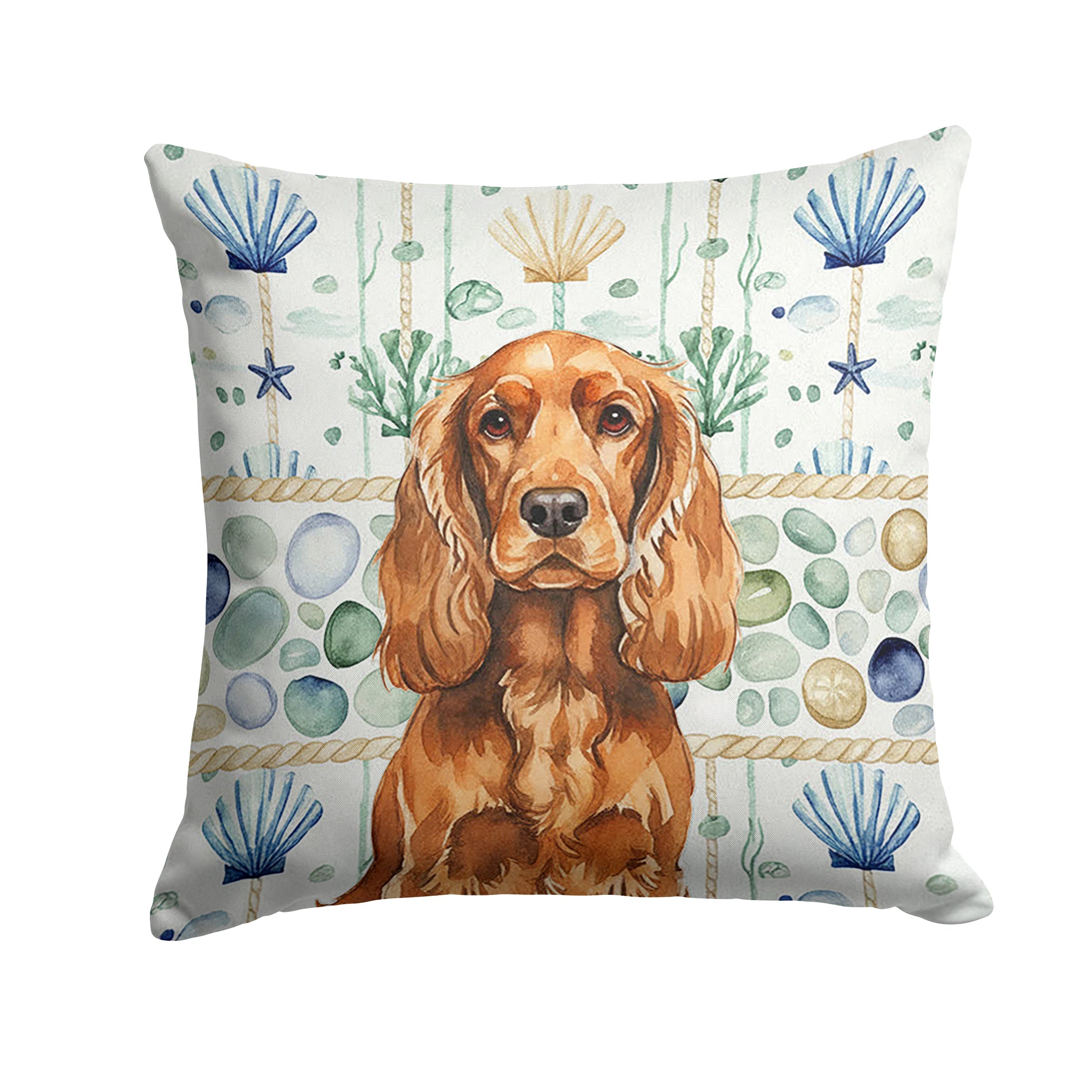 Red English Cocker Spaniel Coastal Sea Glass Decorative Throw Pillow 14x14 Indoor Outdoor Accent Cushion, Fabric Cover with Insert for Sofa, Bed, Porch & Living Room