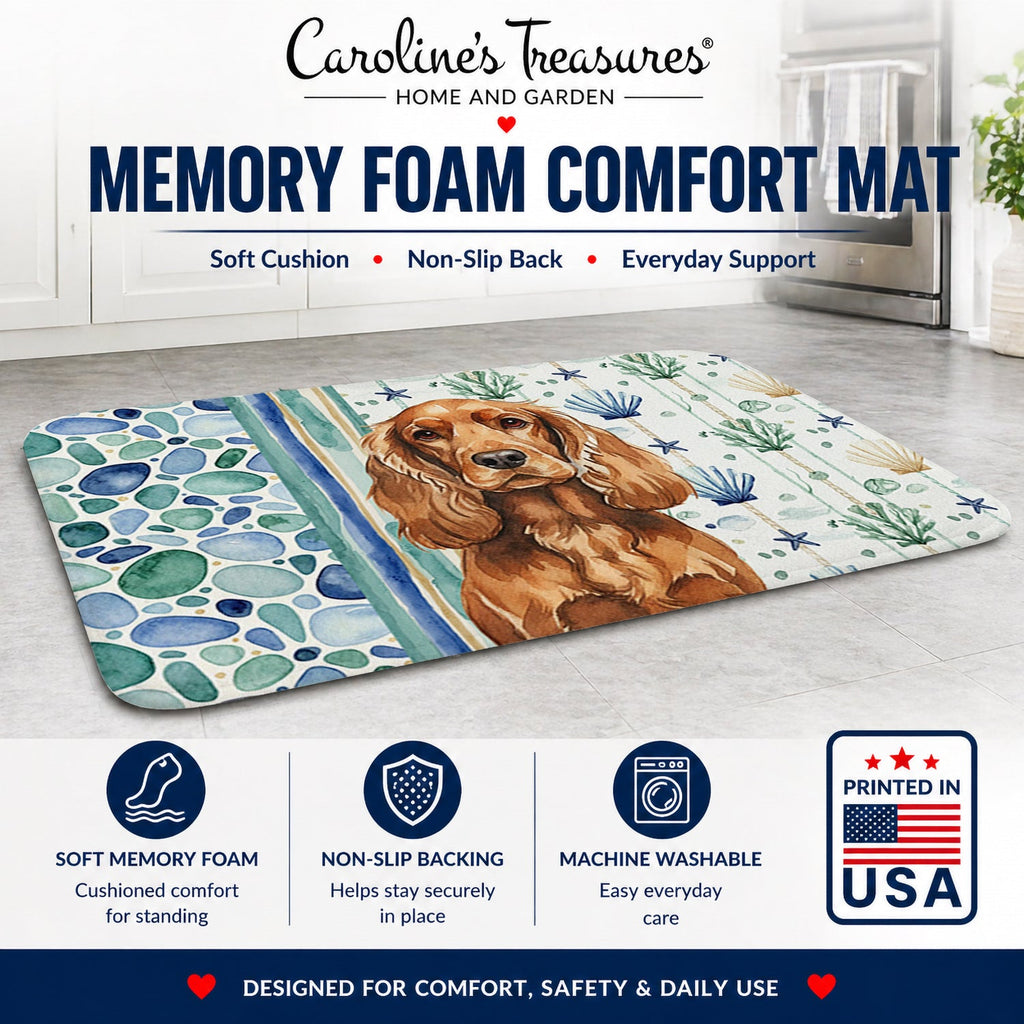 Red English Cocker Spaniel Coastal Sea Glass Memory Foam Kitchen Mat Machine Washable Anti-Fatigue Cushion Comfort Bath or Kitchen Rug