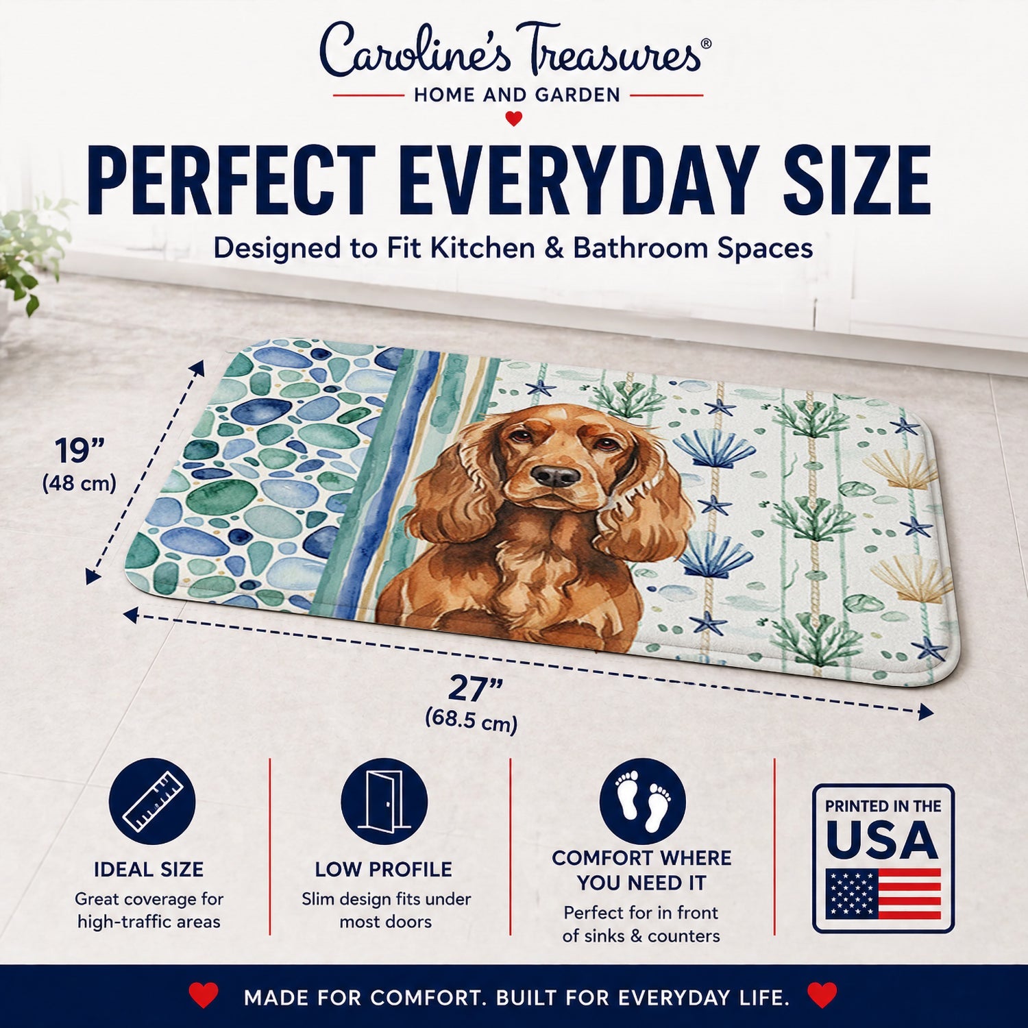 Red English Cocker Spaniel Coastal Sea Glass Memory Foam Kitchen Mat Machine Washable Anti-Fatigue Cushion Comfort Bath or Kitchen Rug