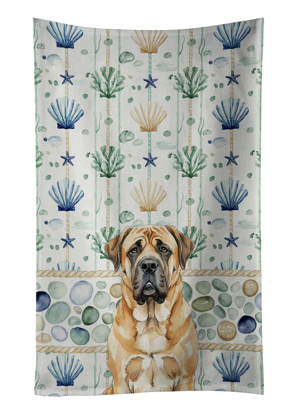 Apricot English Mastiff Coastal Sea Glass Kitchen Towel Velour Plush Front and Cotton Loop Back Machine Washable