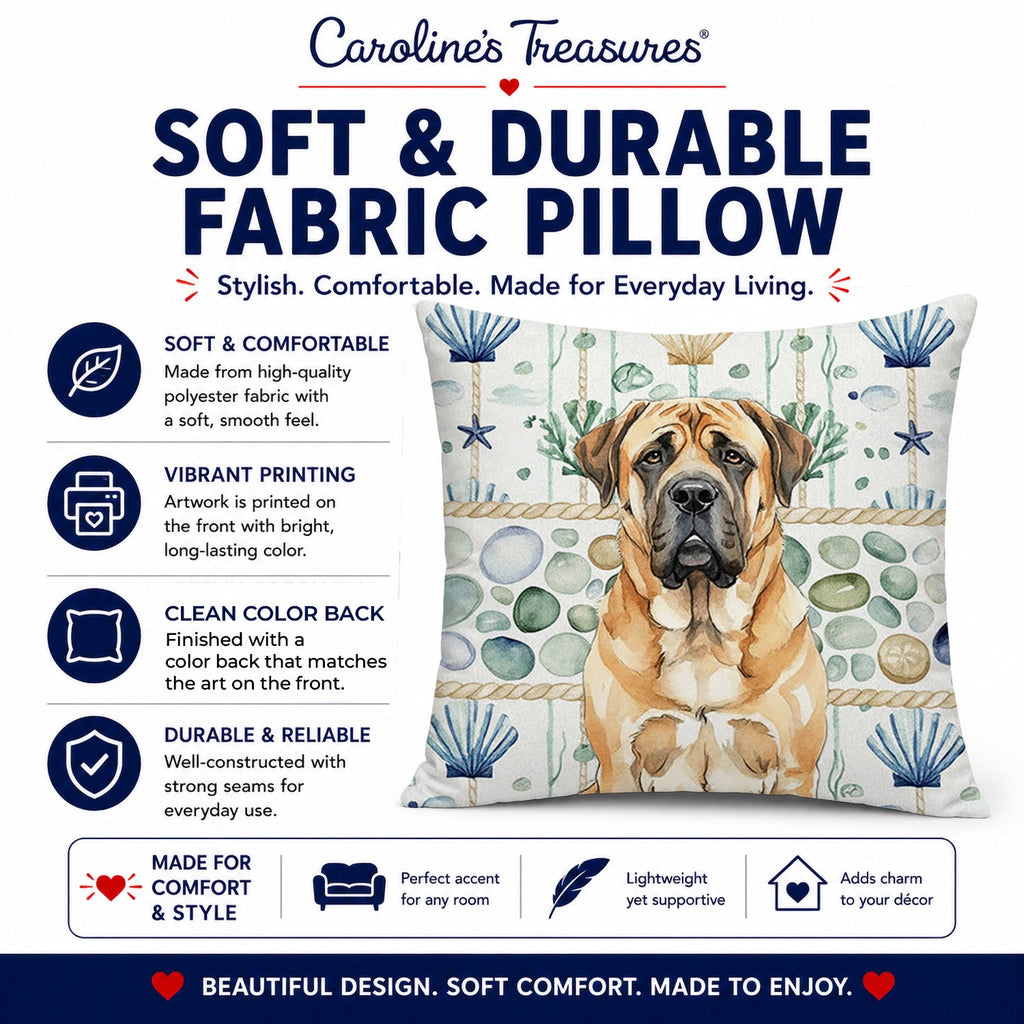 Apricot English Mastiff Coastal Sea Glass Decorative Throw Pillow 18x18 Indoor Outdoor Accent Cushion, Fabric Cover with Insert for Sofa, Bed, Porch & Living Room