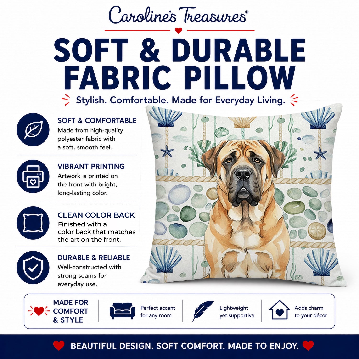 Apricot English Mastiff Coastal Sea Glass Decorative Throw Pillow 18x18 Indoor Outdoor Accent Cushion, Fabric Cover with Insert for Sofa, Bed, Porch & Living Room