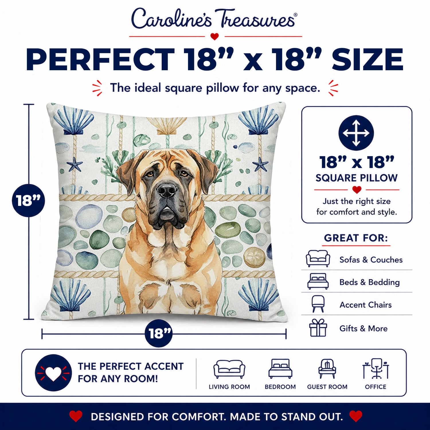 Apricot English Mastiff Coastal Sea Glass Decorative Throw Pillow 18x18 Indoor Outdoor Accent Cushion, Fabric Cover with Insert for Sofa, Bed, Porch & Living Room