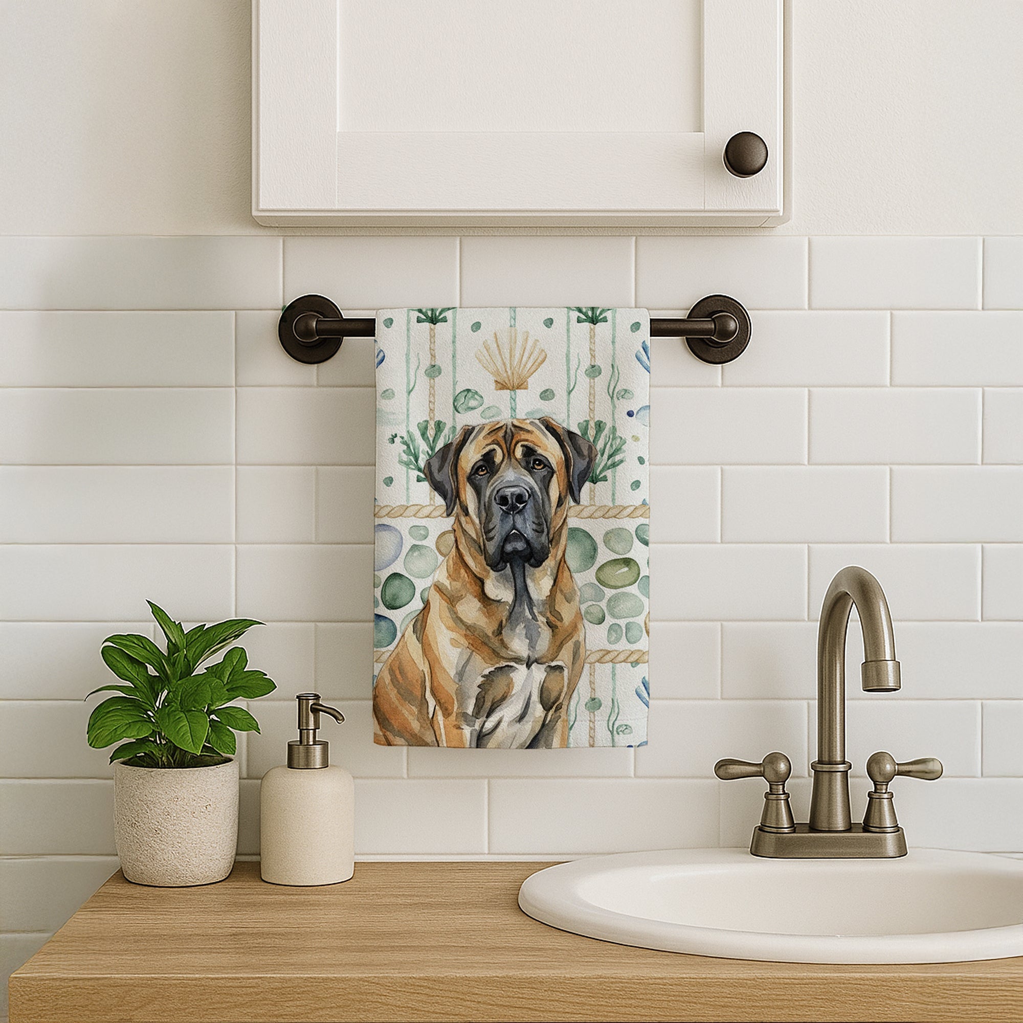 Brindle English Mastiff Coastal Sea Glass Kitchen Towel Velour Plush Front and Cotton Loop Back Machine Washable