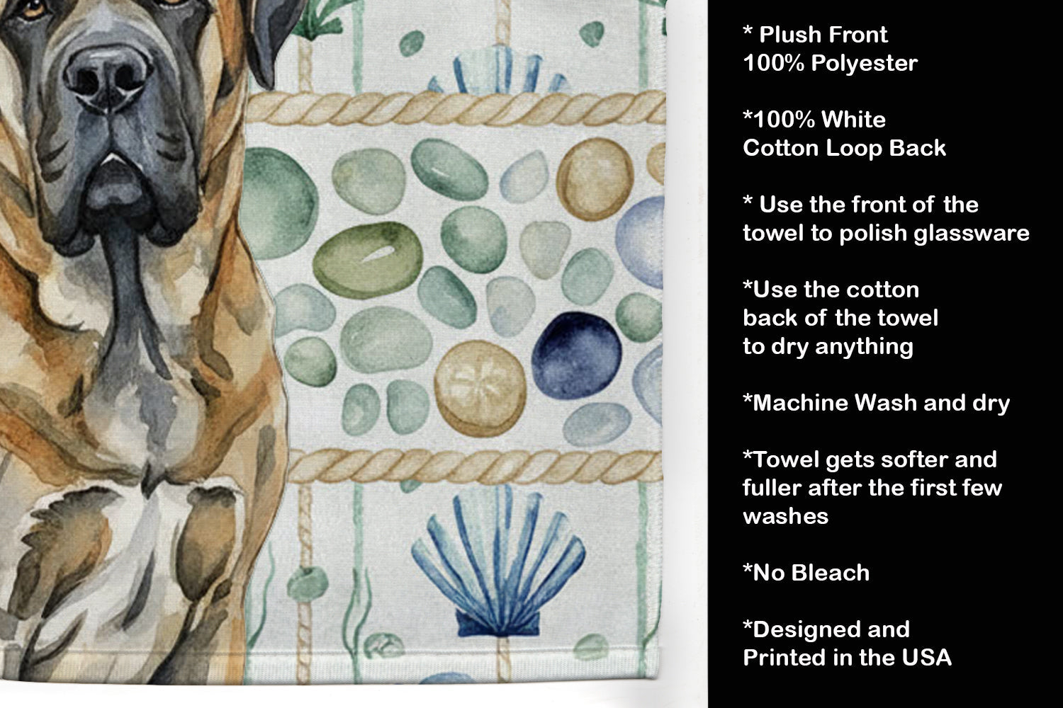 Brindle English Mastiff Coastal Sea Glass Kitchen Towel Velour Plush Front and Cotton Loop Back Machine Washable