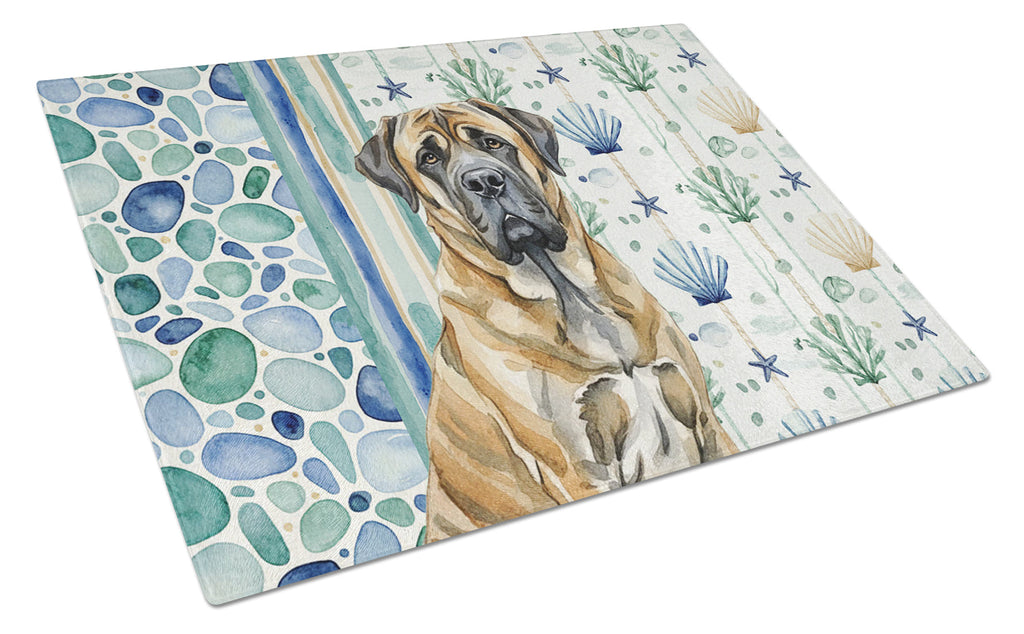 Brindle English Mastiff Coastal Sea Glass Cutting Board Tempered Glass Kitchen Cutting Surface, Heat Resistant Chopping, Non-Slip Feet, Food Prep & Serving