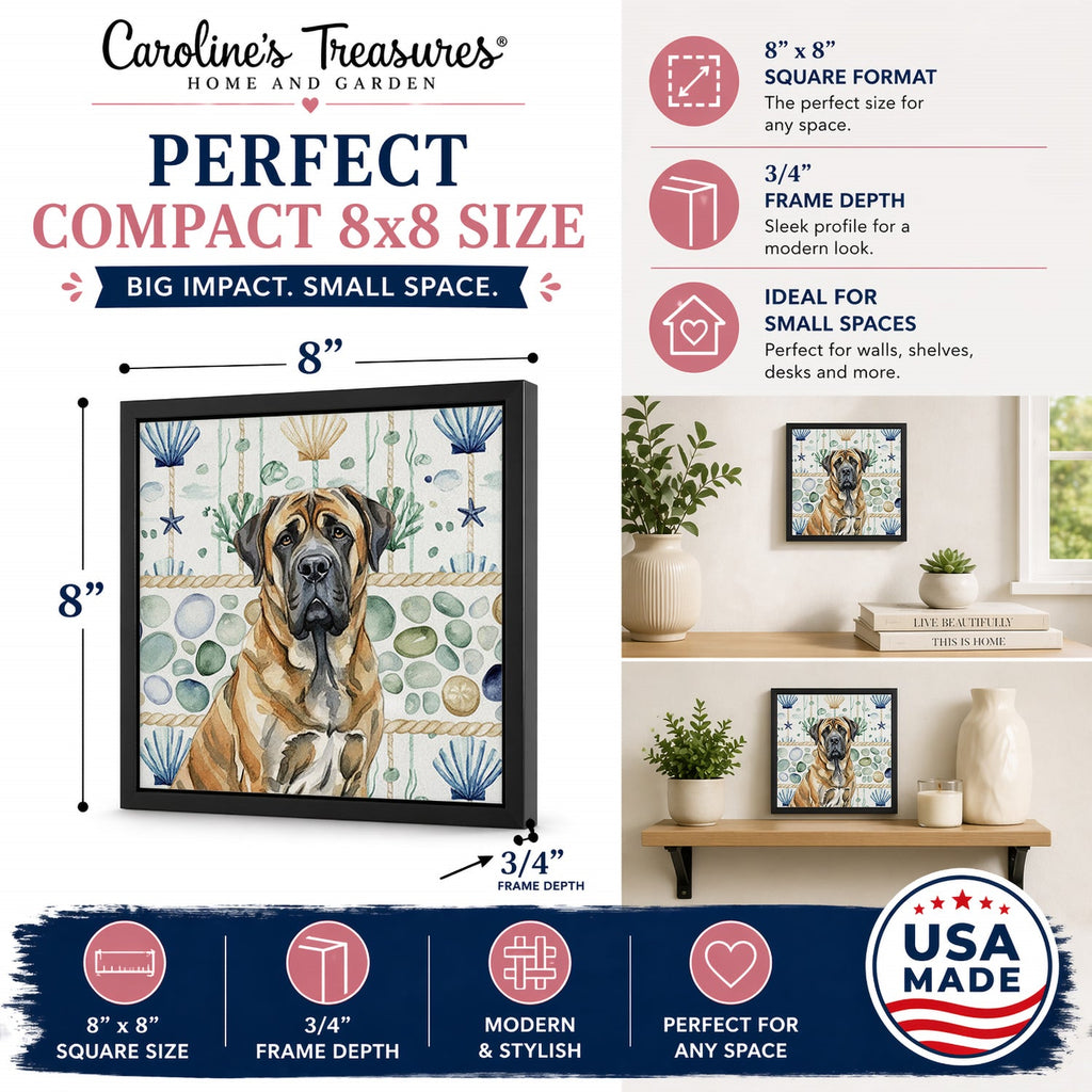 Brindle English Mastiff Coastal Sea Glass Framed Metal Print Bathroom, Kitchen, Office, Home Decor Wall Art Ready to Hang, Square, 8X8