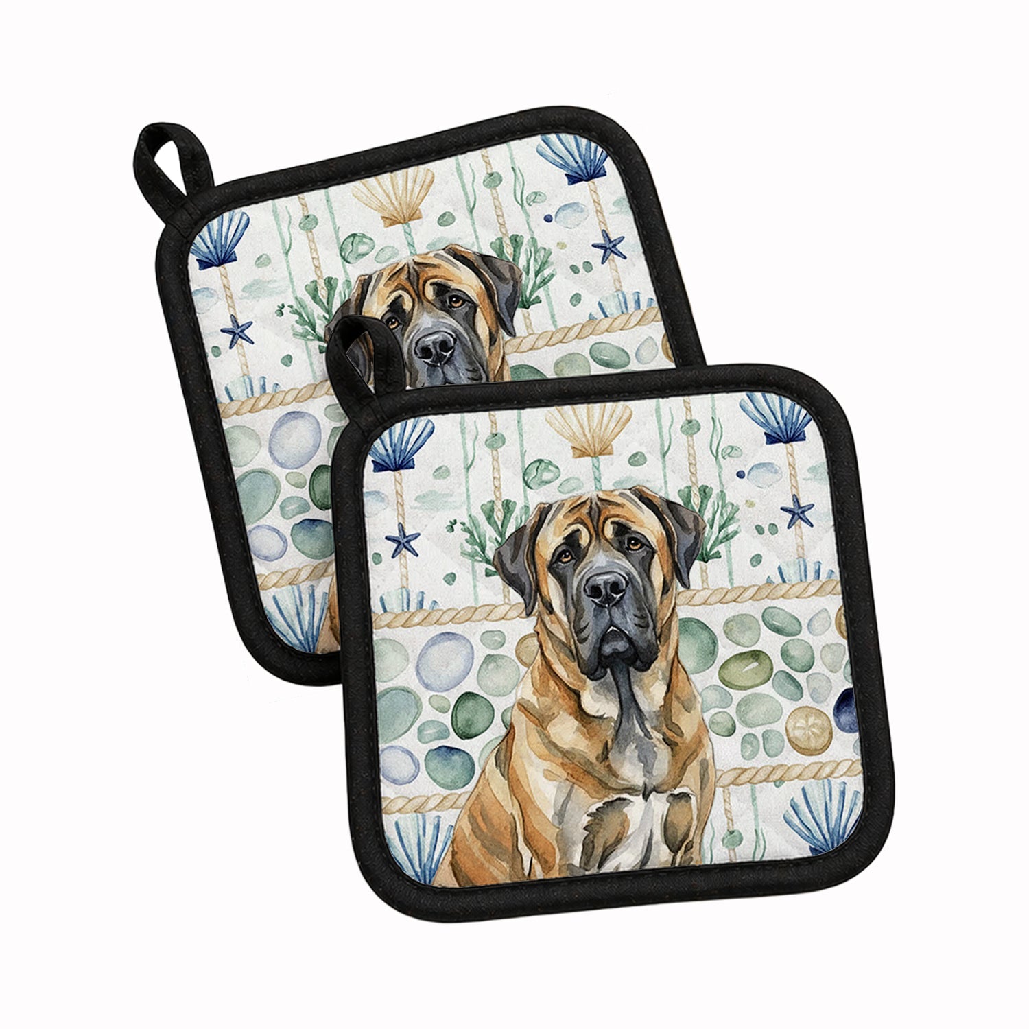 Brindle English Mastiff Coastal Sea Glass Pot Holder Set of 2 Heat Resistant Quilted Hot Pads 7.5 x 7.5 Inch, Insulated Kitchen Trivets for Cooking & Baking