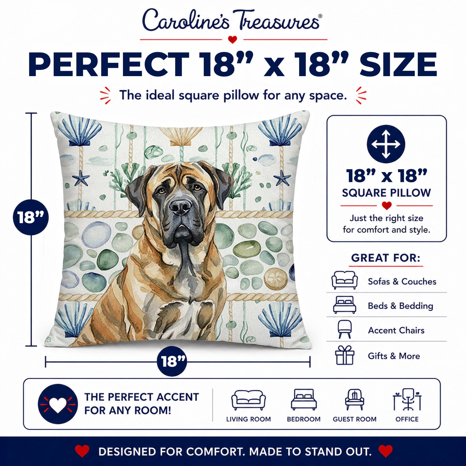 Brindle English Mastiff Coastal Sea Glass Decorative Throw Pillow 18x18 Indoor Outdoor Accent Cushion, Fabric Cover with Insert for Sofa, Bed, Porch & Living Room