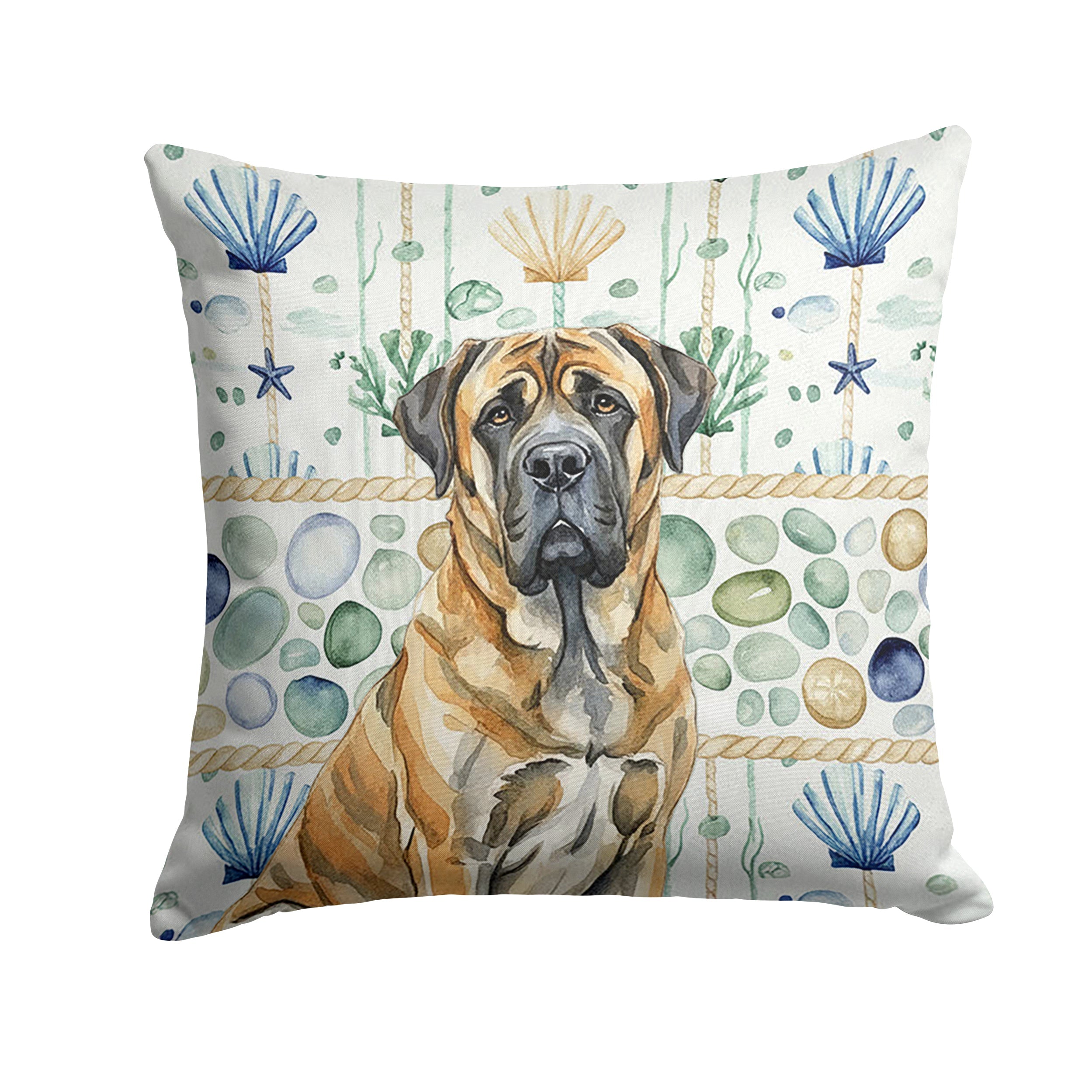 Brindle English Mastiff Coastal Sea Glass Decorative Throw Pillow 18x18 Indoor Outdoor Accent Cushion, Fabric Cover with Insert for Sofa, Bed, Porch & Living Room