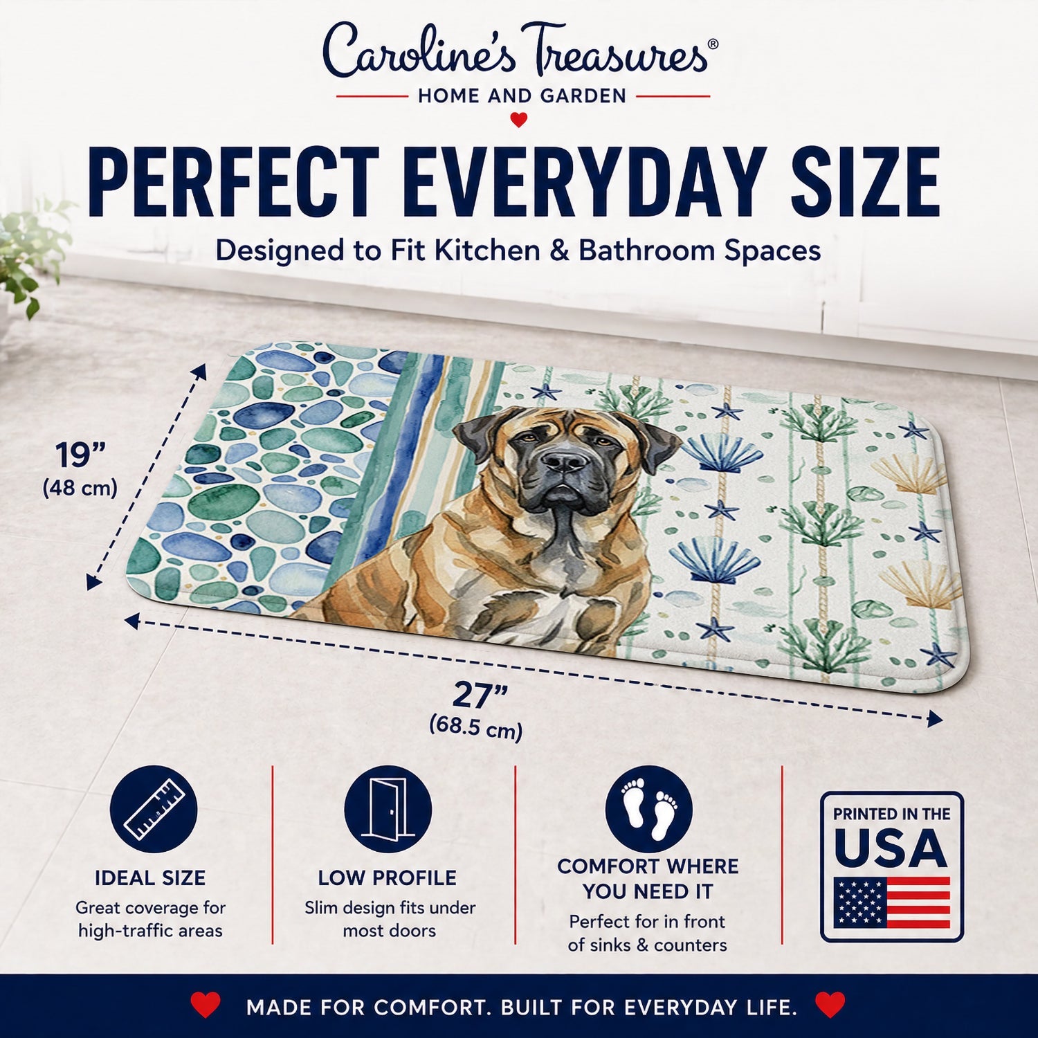 Brindle English Mastiff Coastal Sea Glass Memory Foam Kitchen Mat Machine Washable Anti-Fatigue Cushion Comfort Bath or Kitchen Rug