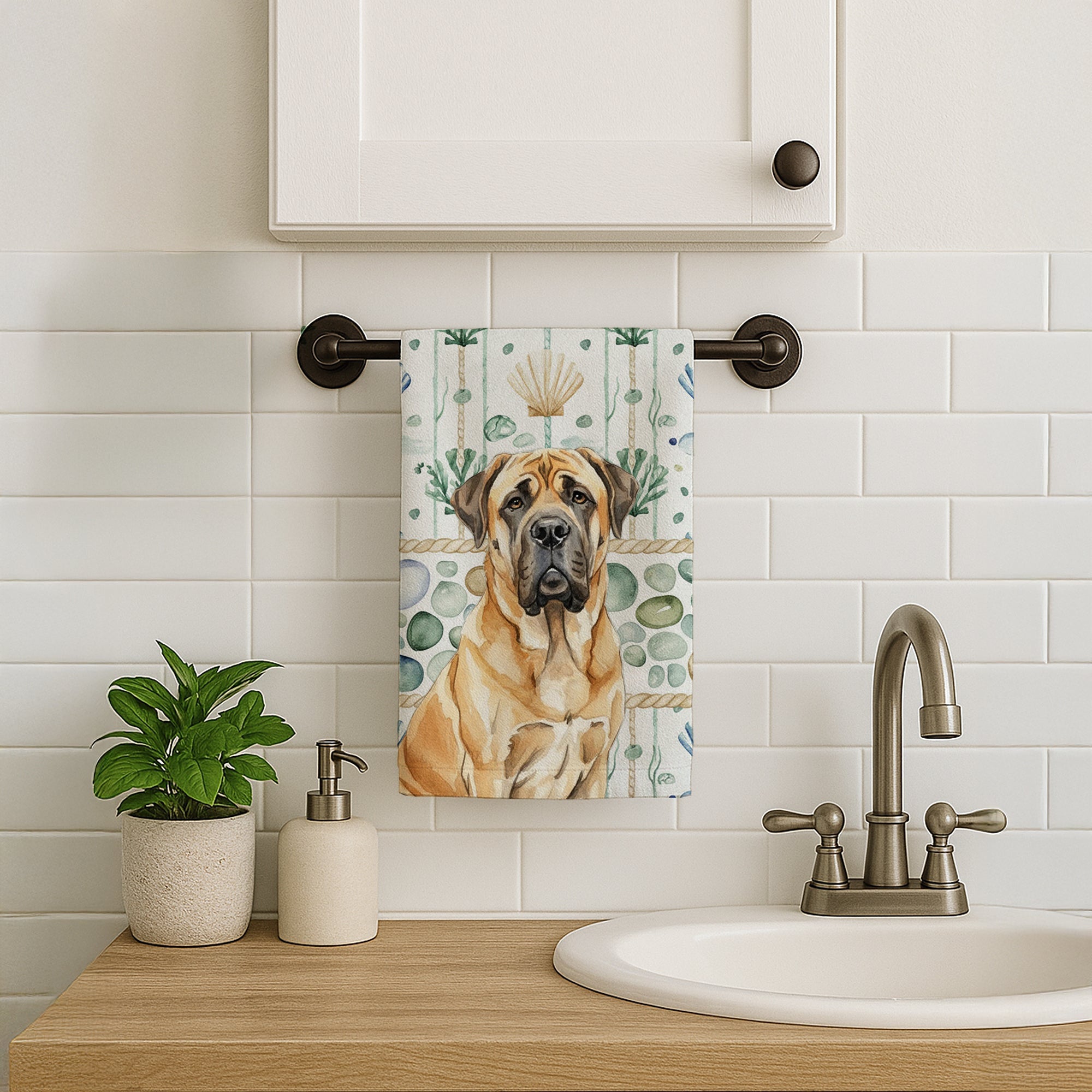Fawn English Mastiff Coastal Sea Glass Kitchen Towel Velour Plush Front and Cotton Loop Back Machine Washable