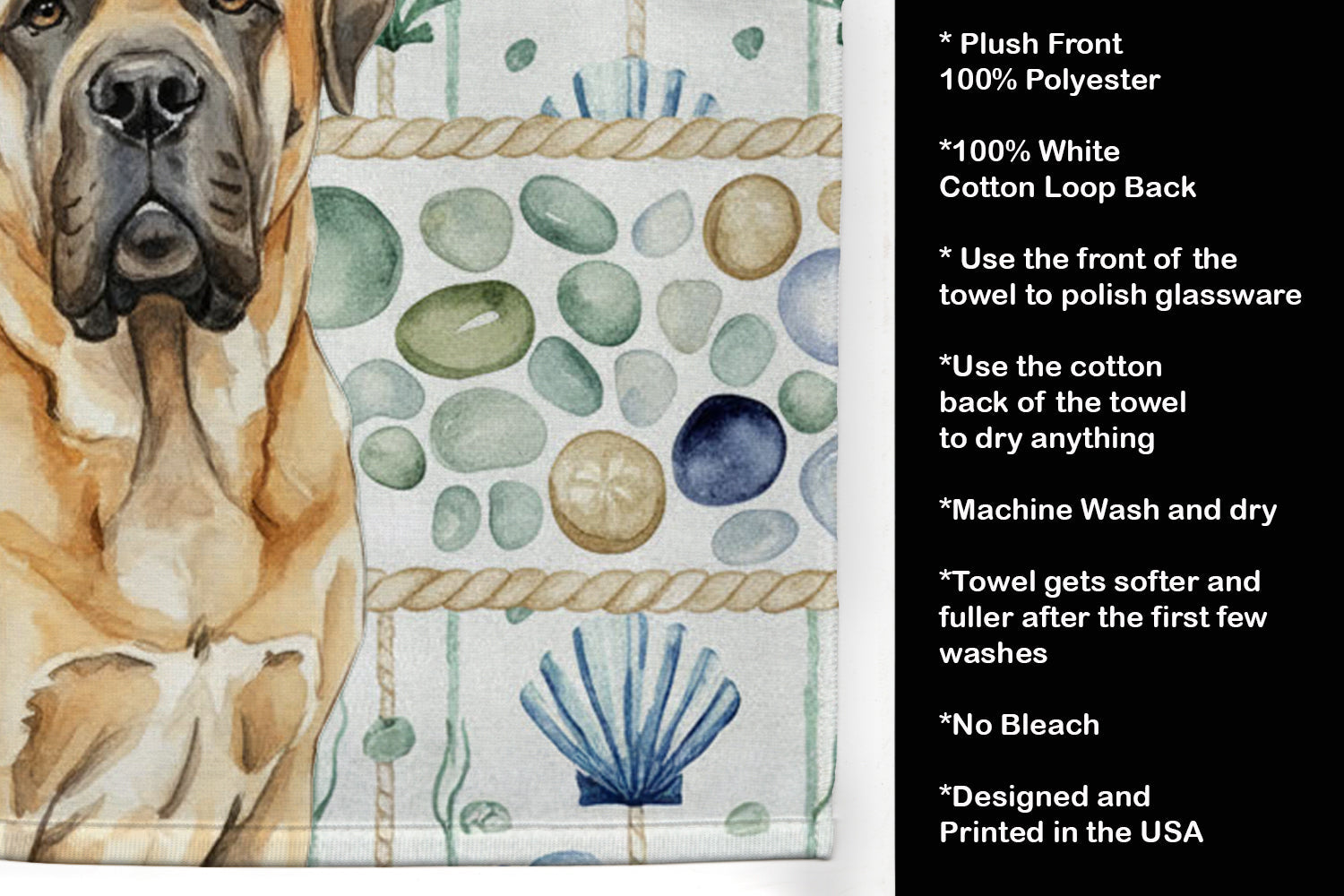 Fawn English Mastiff Coastal Sea Glass Kitchen Towel Velour Plush Front and Cotton Loop Back Machine Washable